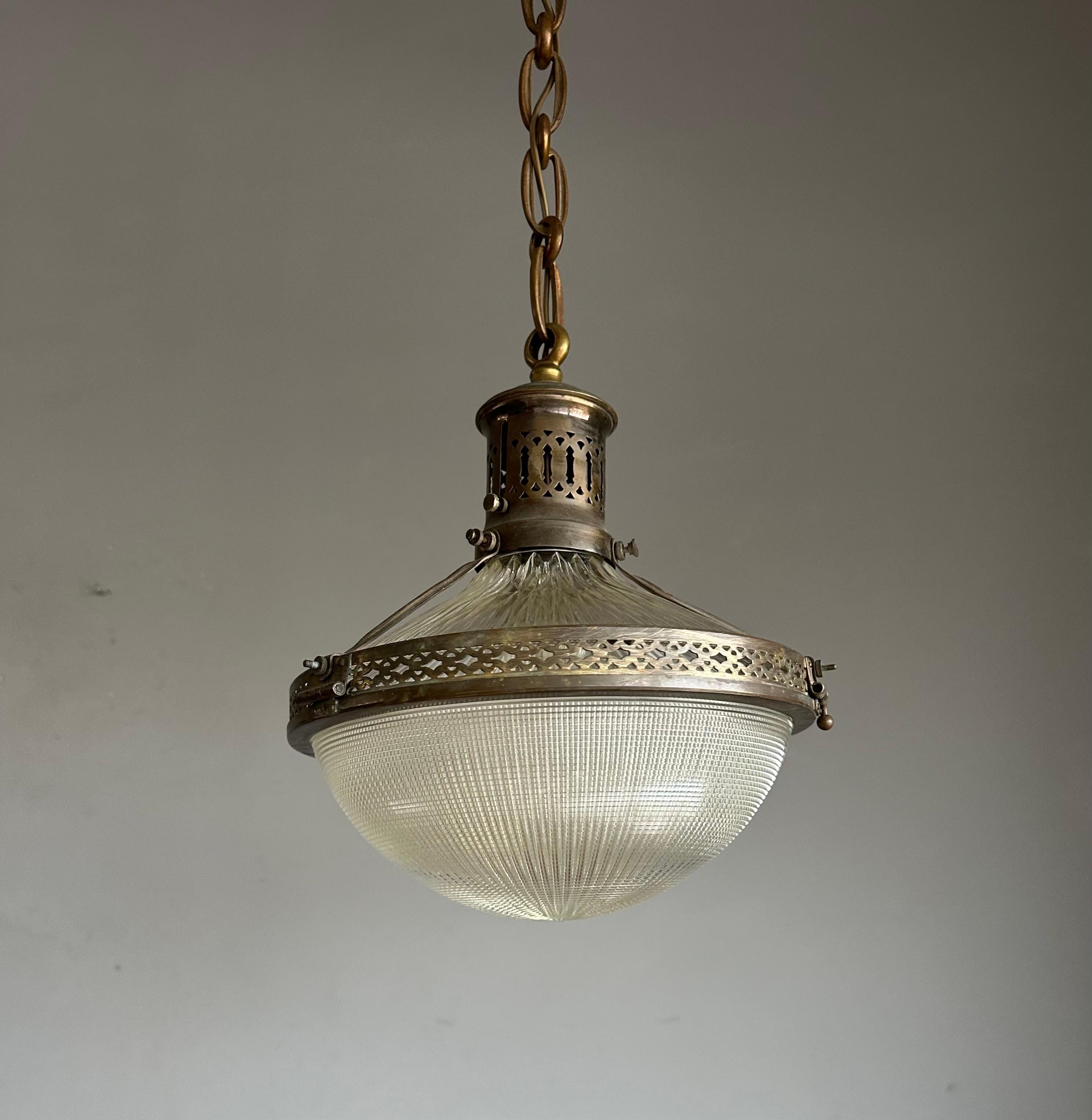 Pair of Early 1900s French Arts & Crafts Holophane Brass & Glass Pendant Lights For Sale 7