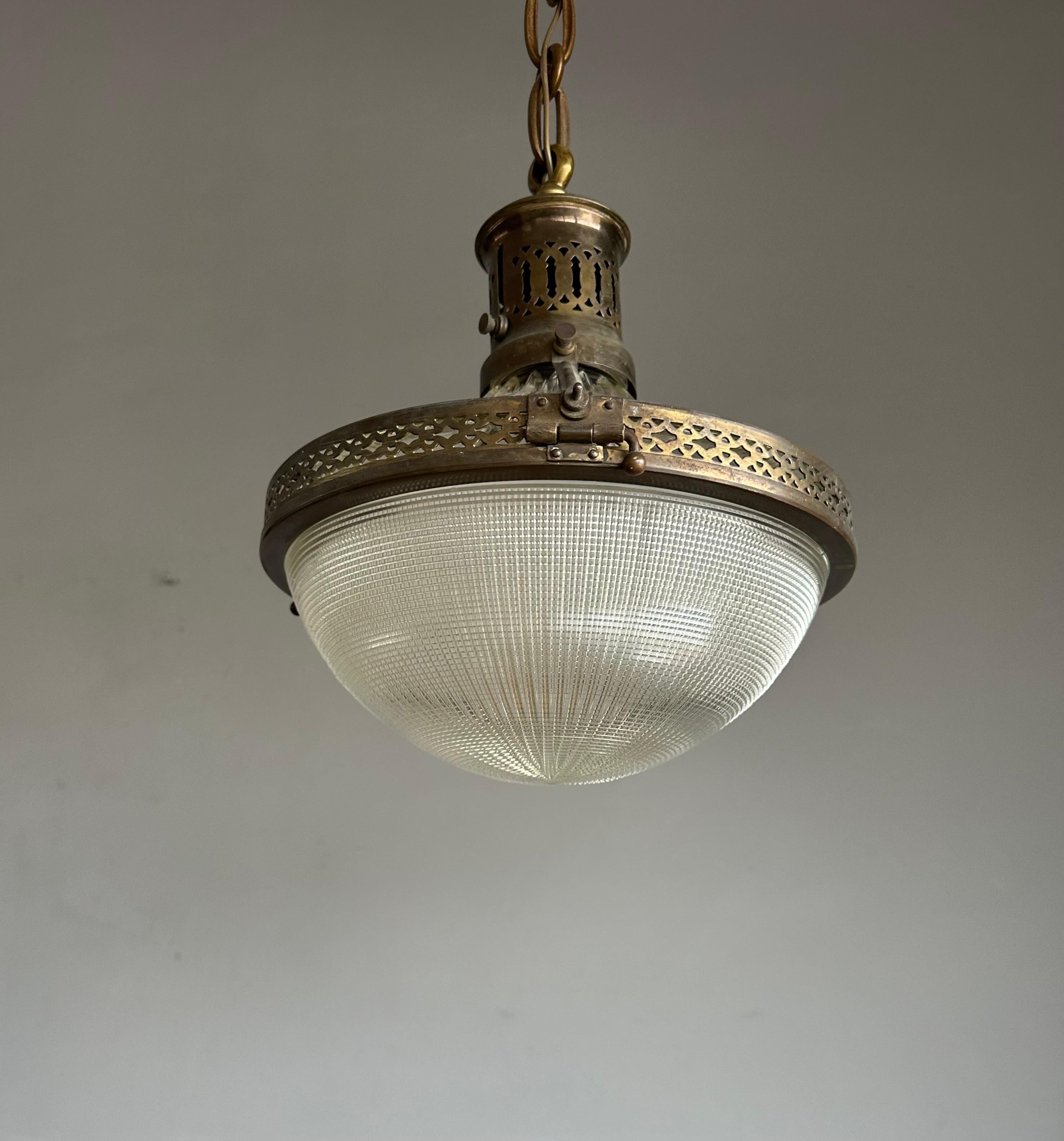 Pair of Early 1900s French Arts & Crafts Holophane Brass & Glass Pendant Lights For Sale 10