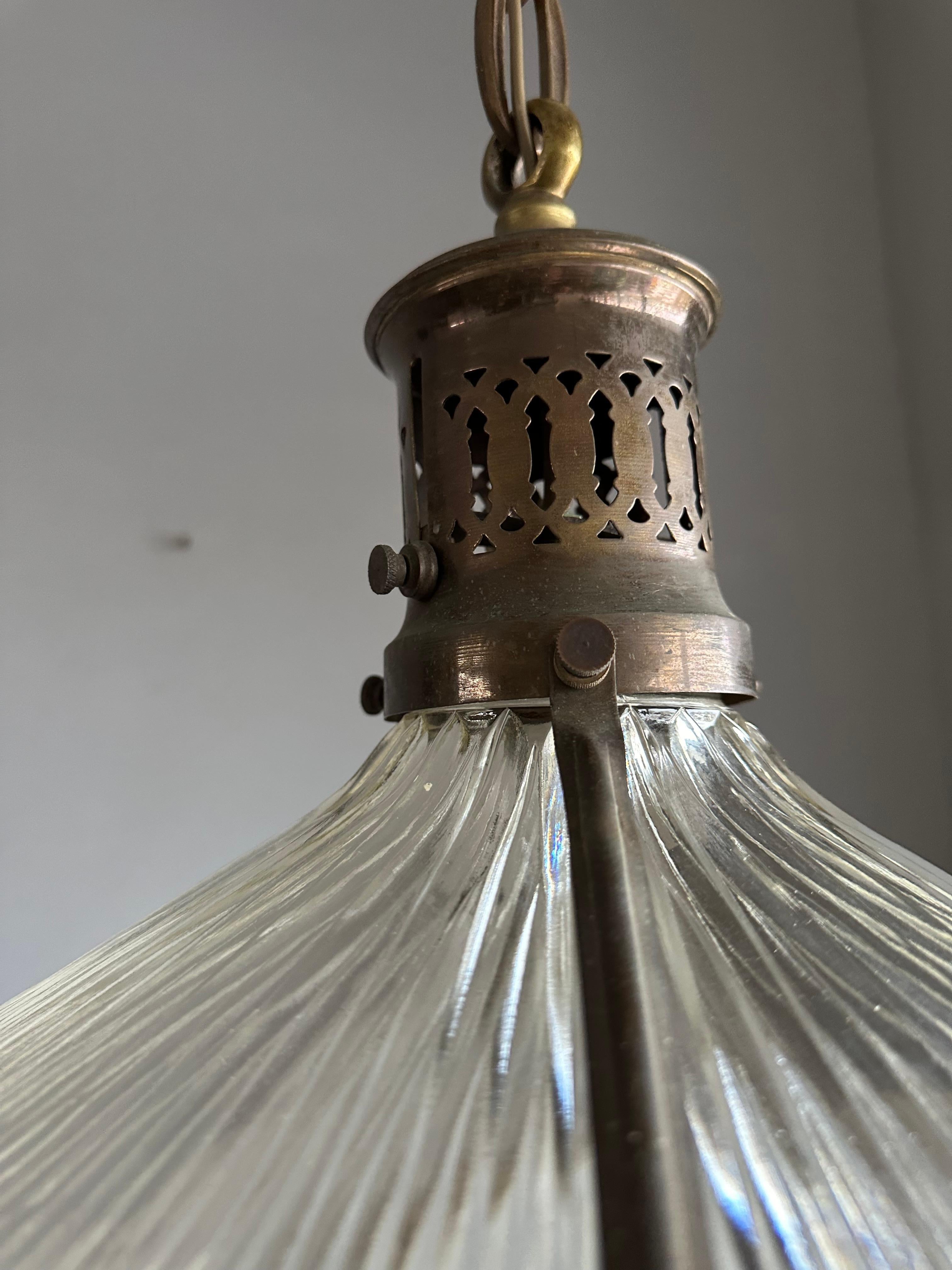 Pair of Early 1900s French Arts & Crafts Holophane Brass & Glass Pendant Lights For Sale 11