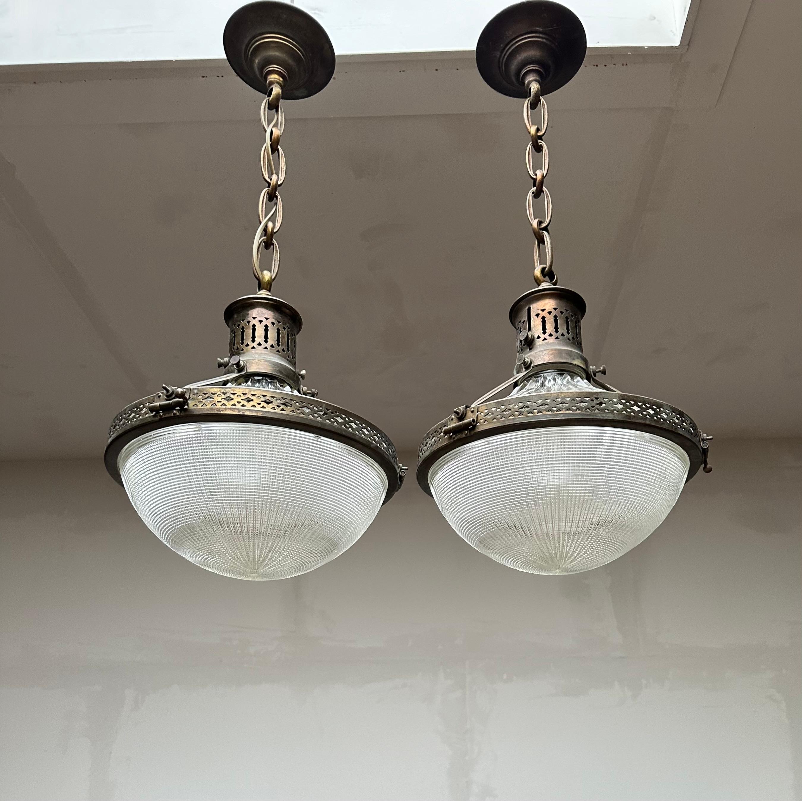Arts and Crafts Pair of Early 1900s French Arts & Crafts Holophane Brass & Glass Pendant Lights