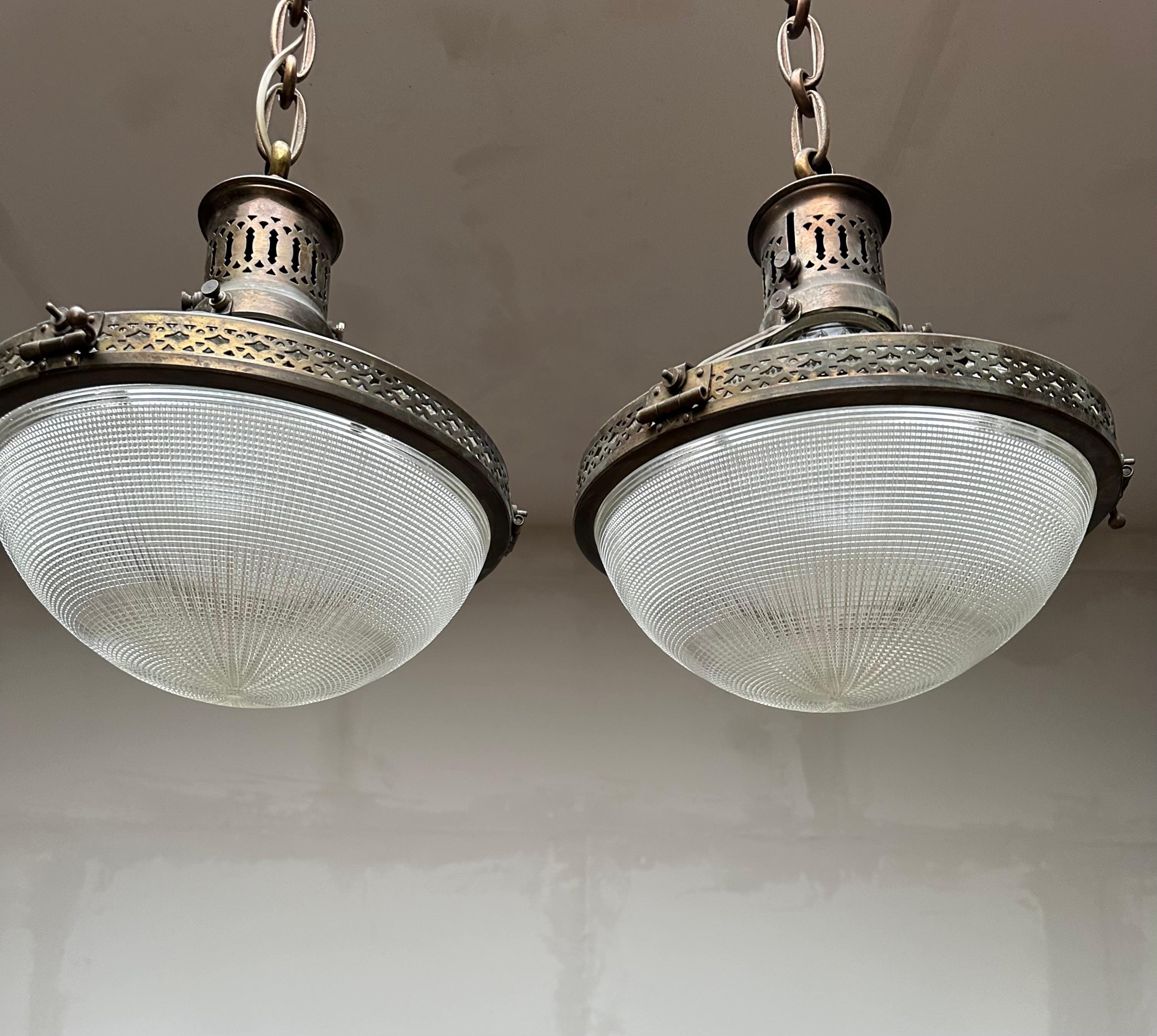 Hand-Crafted Pair of Early 1900s French Arts & Crafts Holophane Brass & Glass Pendant Lights For Sale