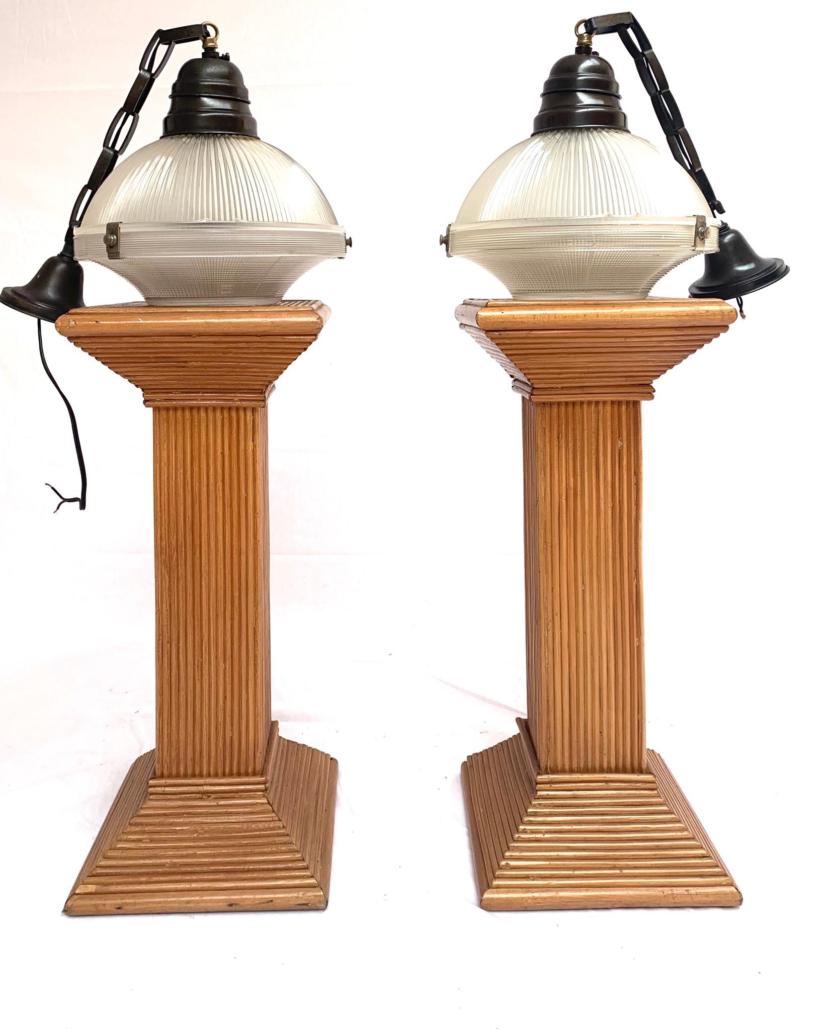 Arts and Crafts Pair of Early 1900s French Arts & Crafts Holophane Brass & Glass Pendant Lights