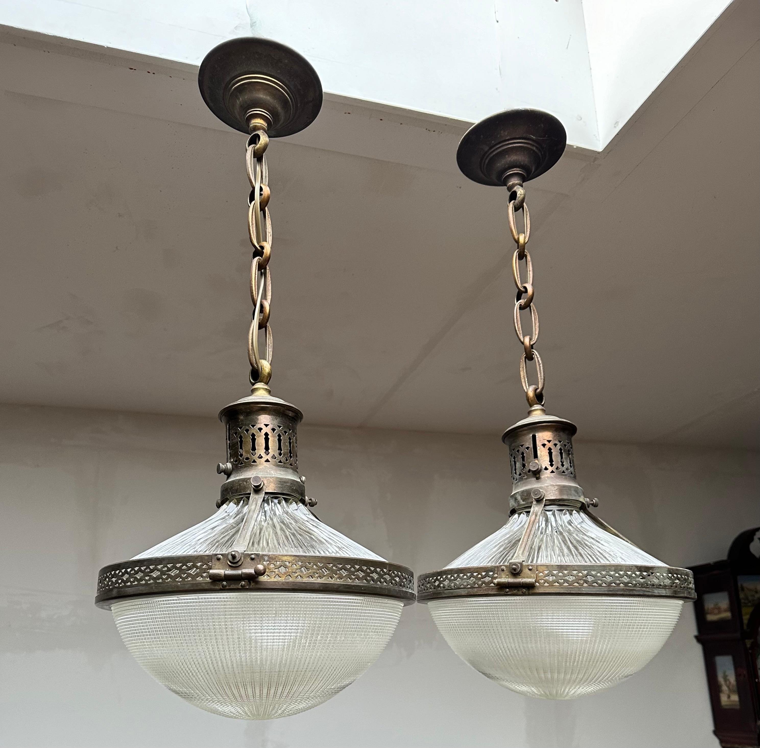 20th Century Pair of Early 1900s French Arts & Crafts Holophane Brass & Glass Pendant Lights