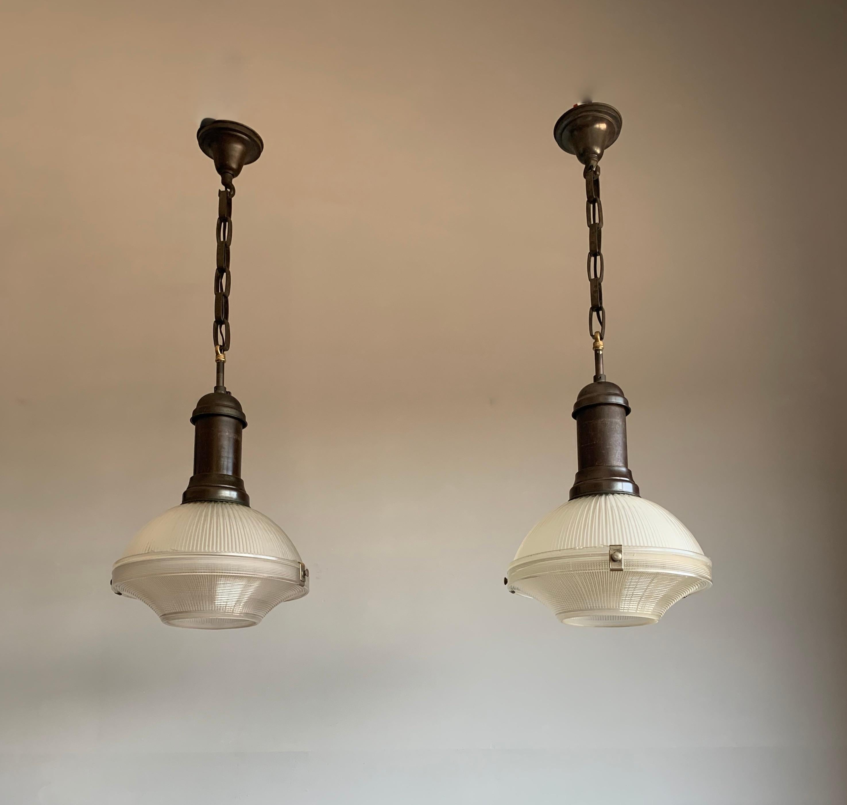 Hand-Crafted Pair of Early 1900s French Arts & Crafts Holophane Brass & Glass Pendant Lights