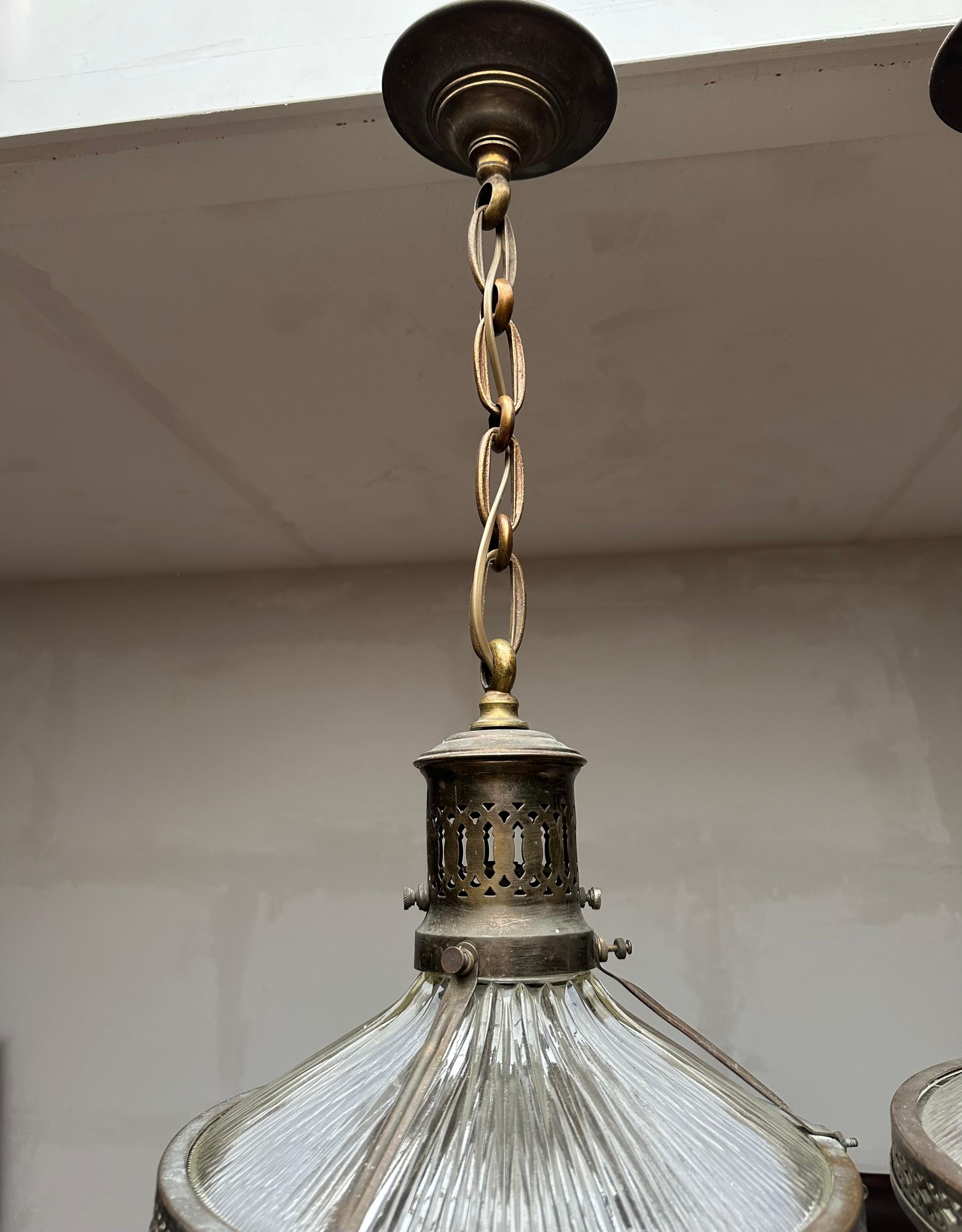 Pair of Early 1900s French Arts & Crafts Holophane Brass & Glass Pendant Lights 1