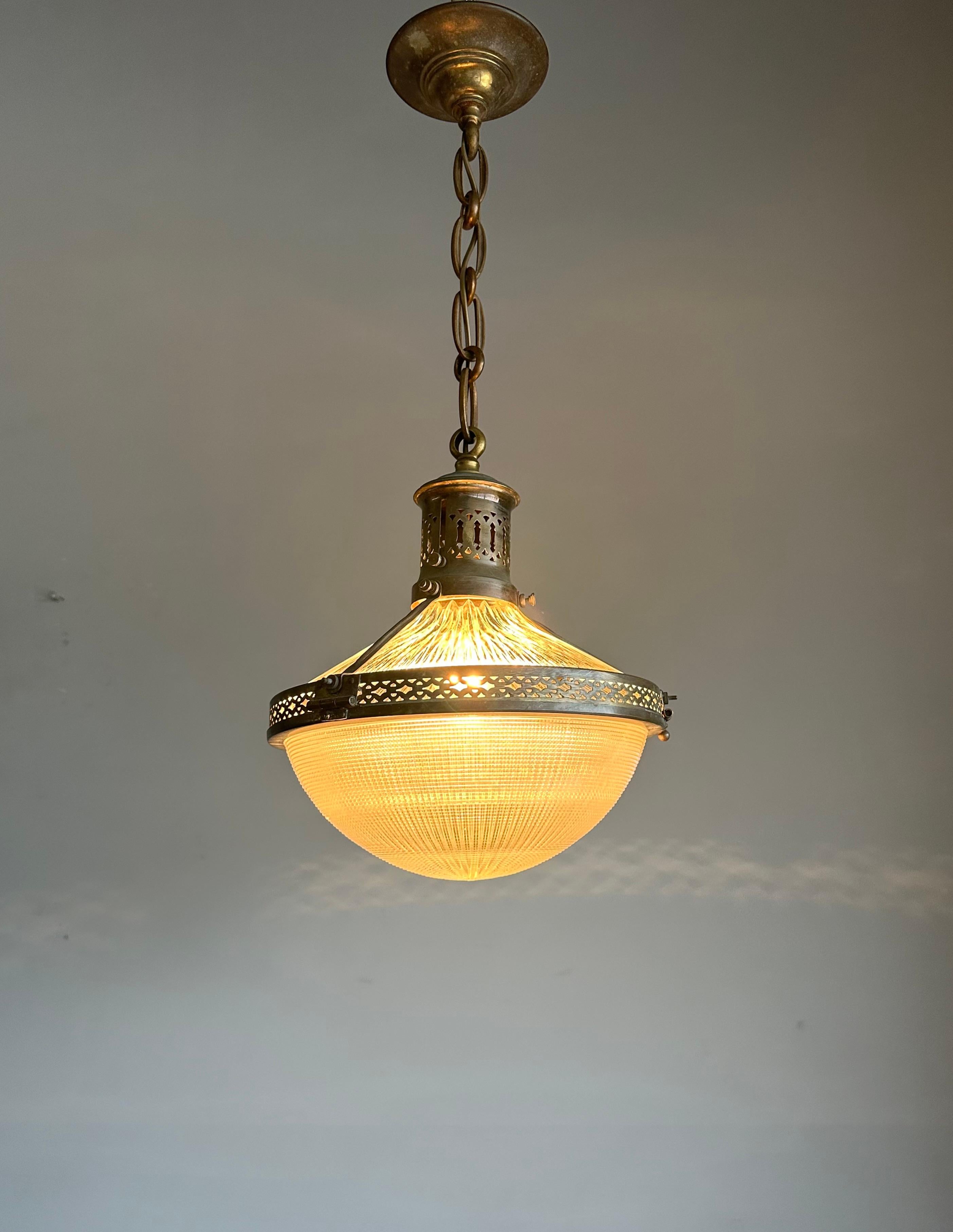 Pair of Early 1900s French Arts & Crafts Holophane Brass & Glass Pendant Lights For Sale 3