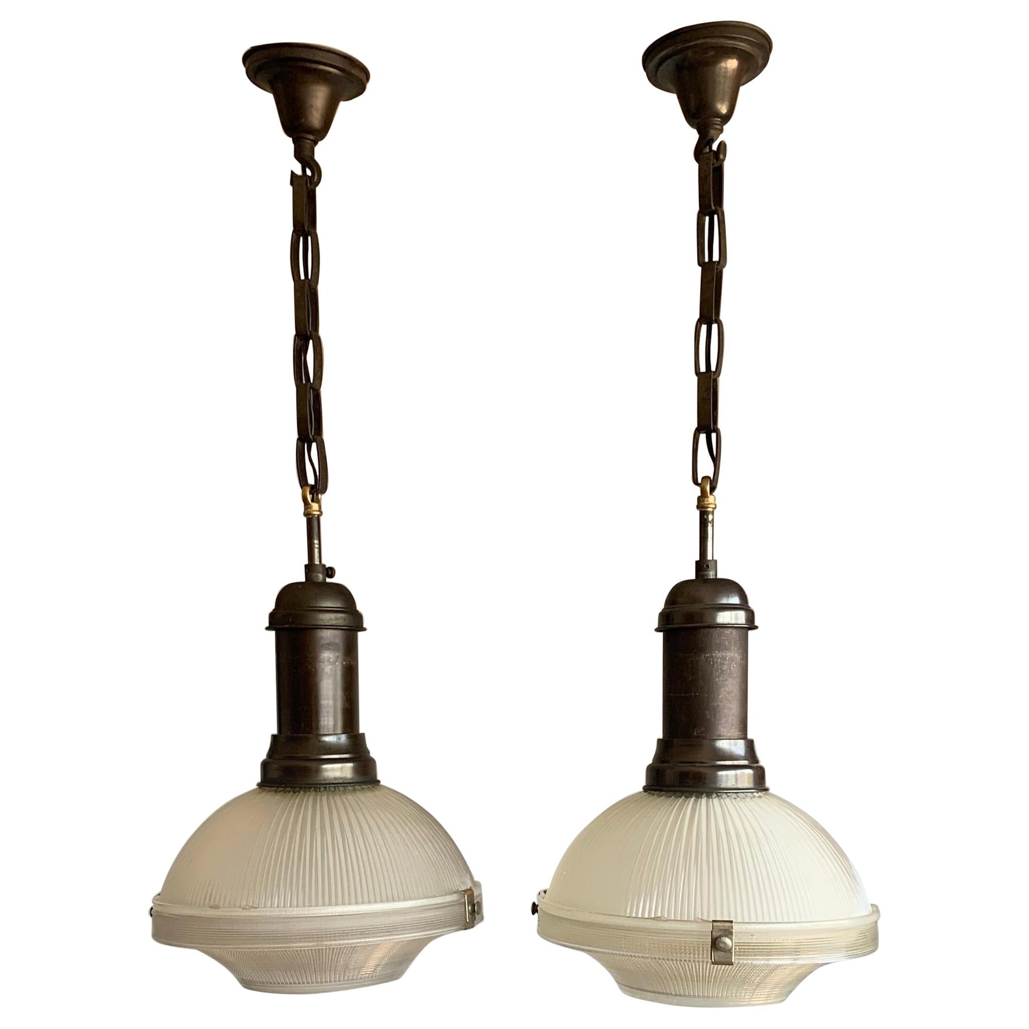 Pair Of Early 1900s French Arts And Crafts Holophane Brass And Glass Pendant Lights At 1stdibs