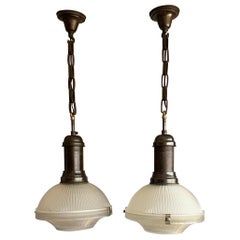 Pair of Early 1900s French Arts & Crafts Holophane Brass & Glass Pendant Lights
