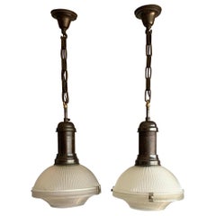 Antique Pair of Early 1900s French Arts & Crafts Holophane Brass & Glass Pendant Lights