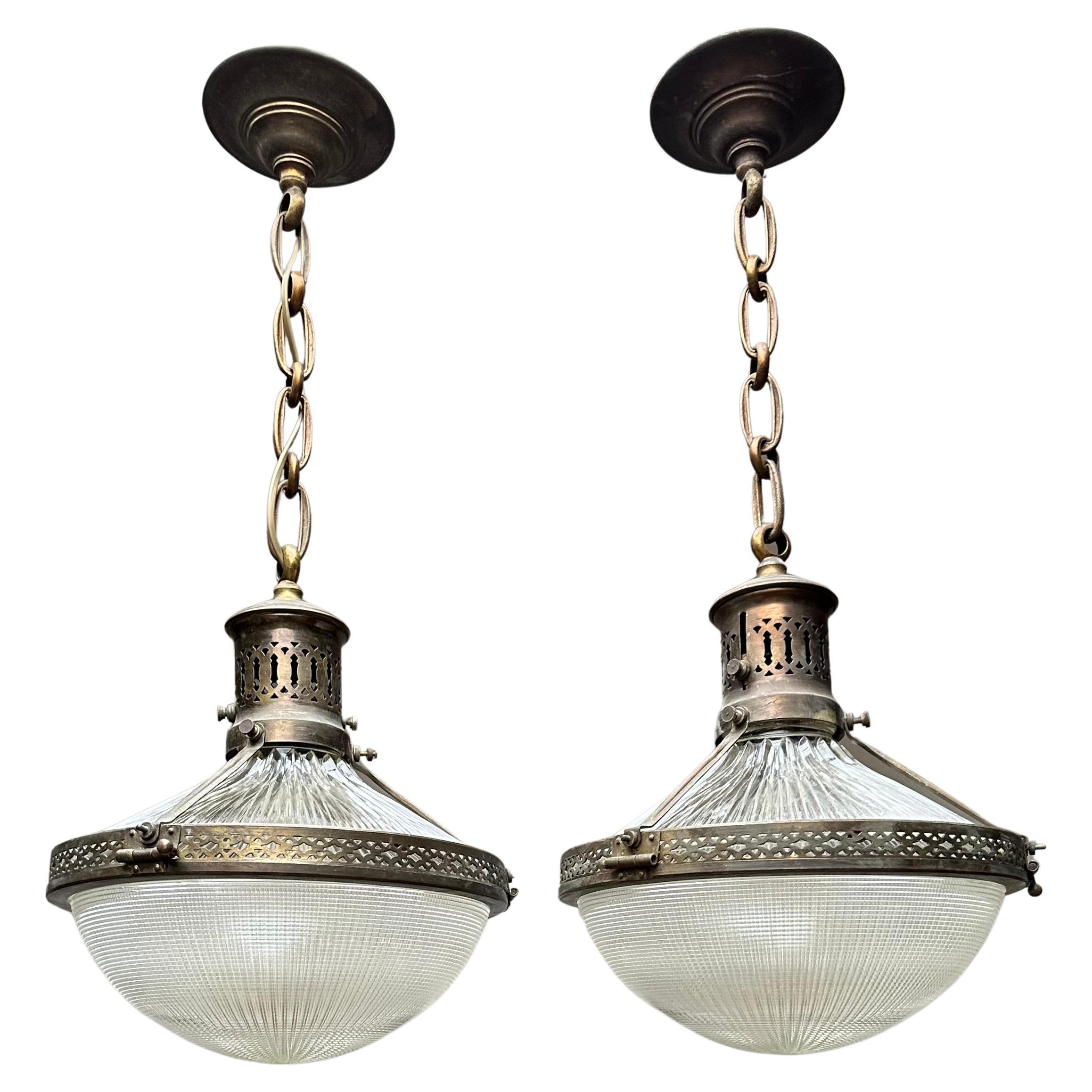 Pair of Early 1900s French Arts & Crafts Holophane Brass & Glass Pendant Lights For Sale