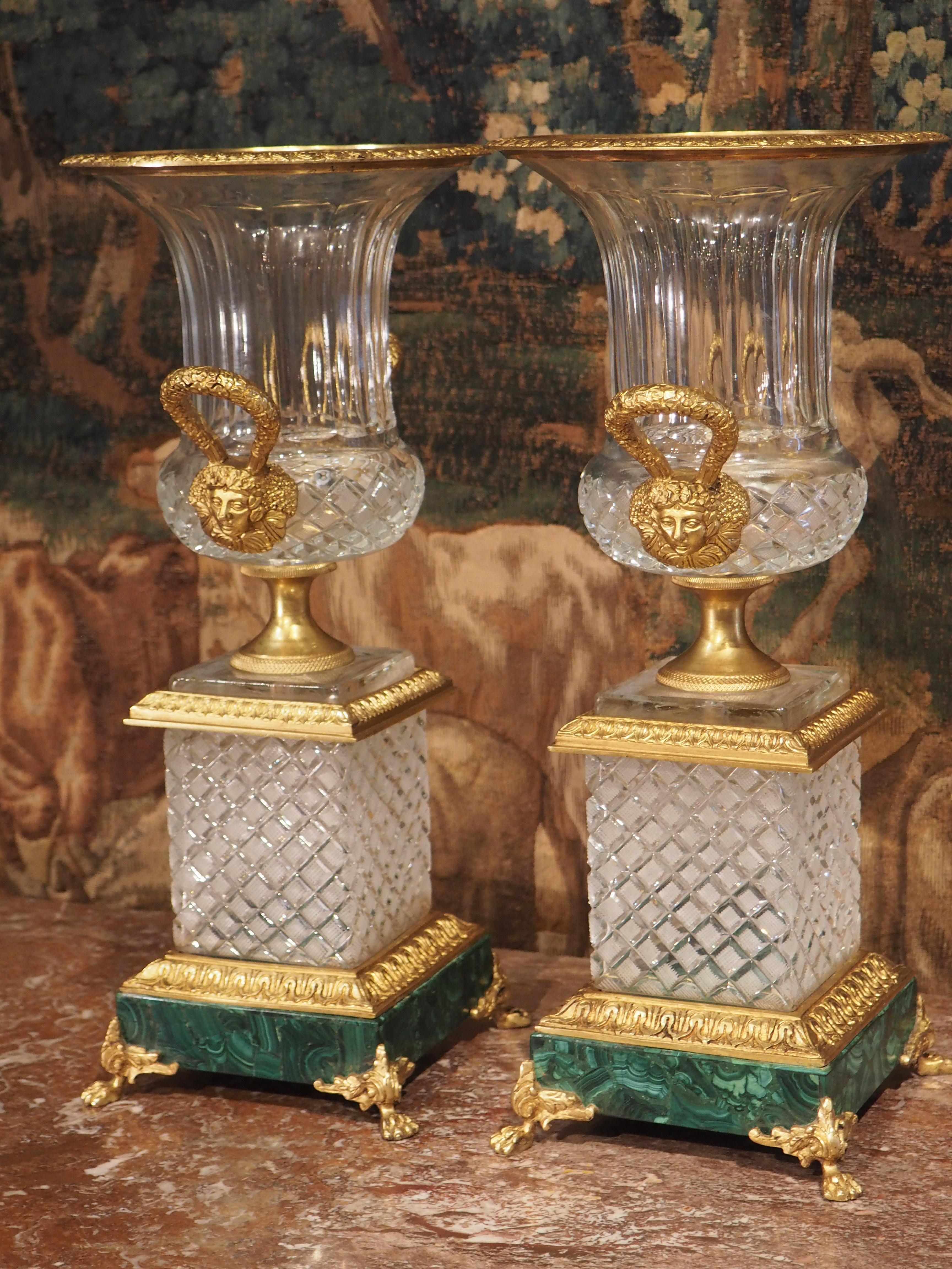 Pair of Early 1900s French Cut Glass, Gilt Bronze and Malachite Vases 11