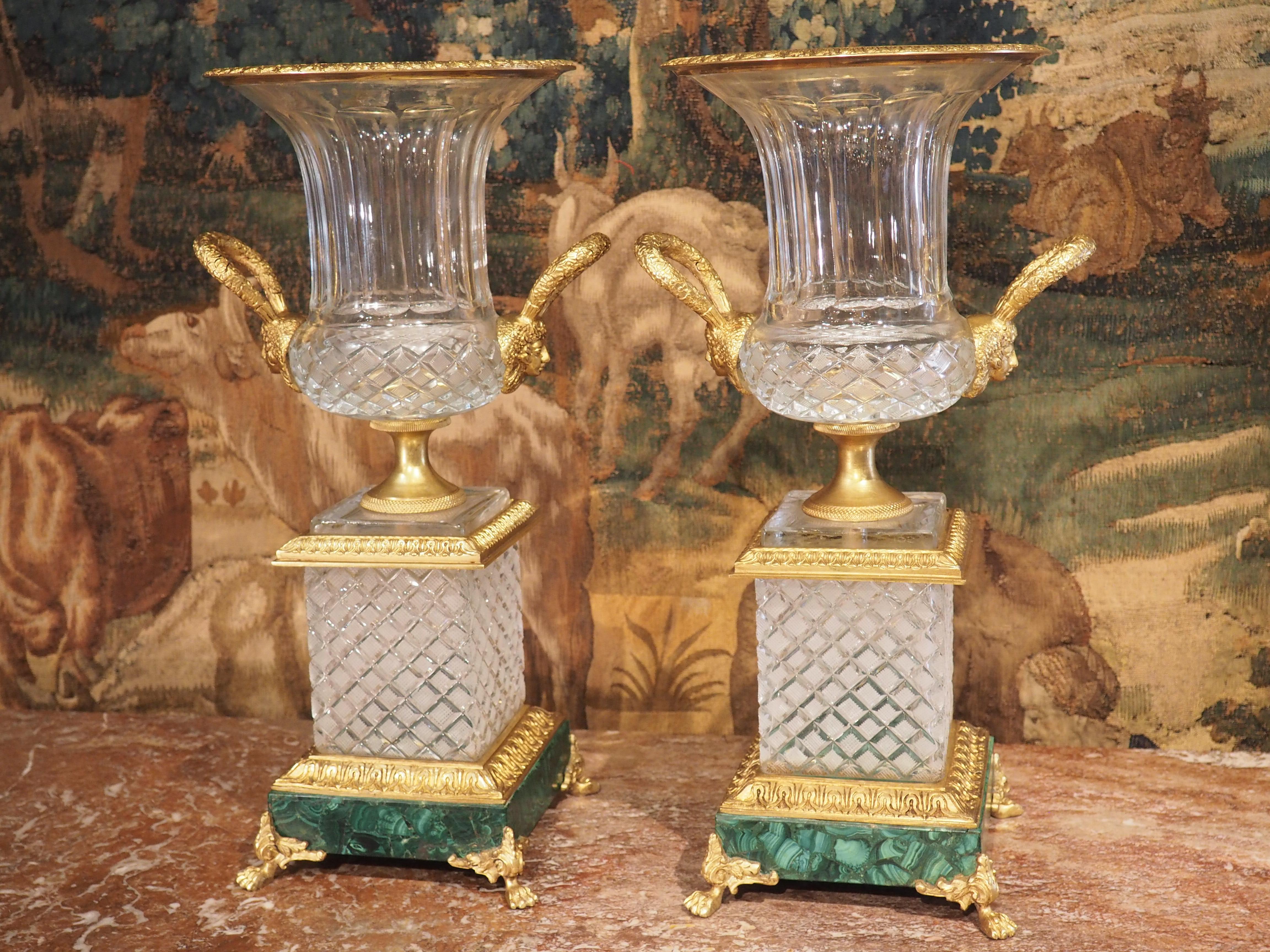 Pair of Early 1900s French Cut Glass, Gilt Bronze and Malachite Vases 15