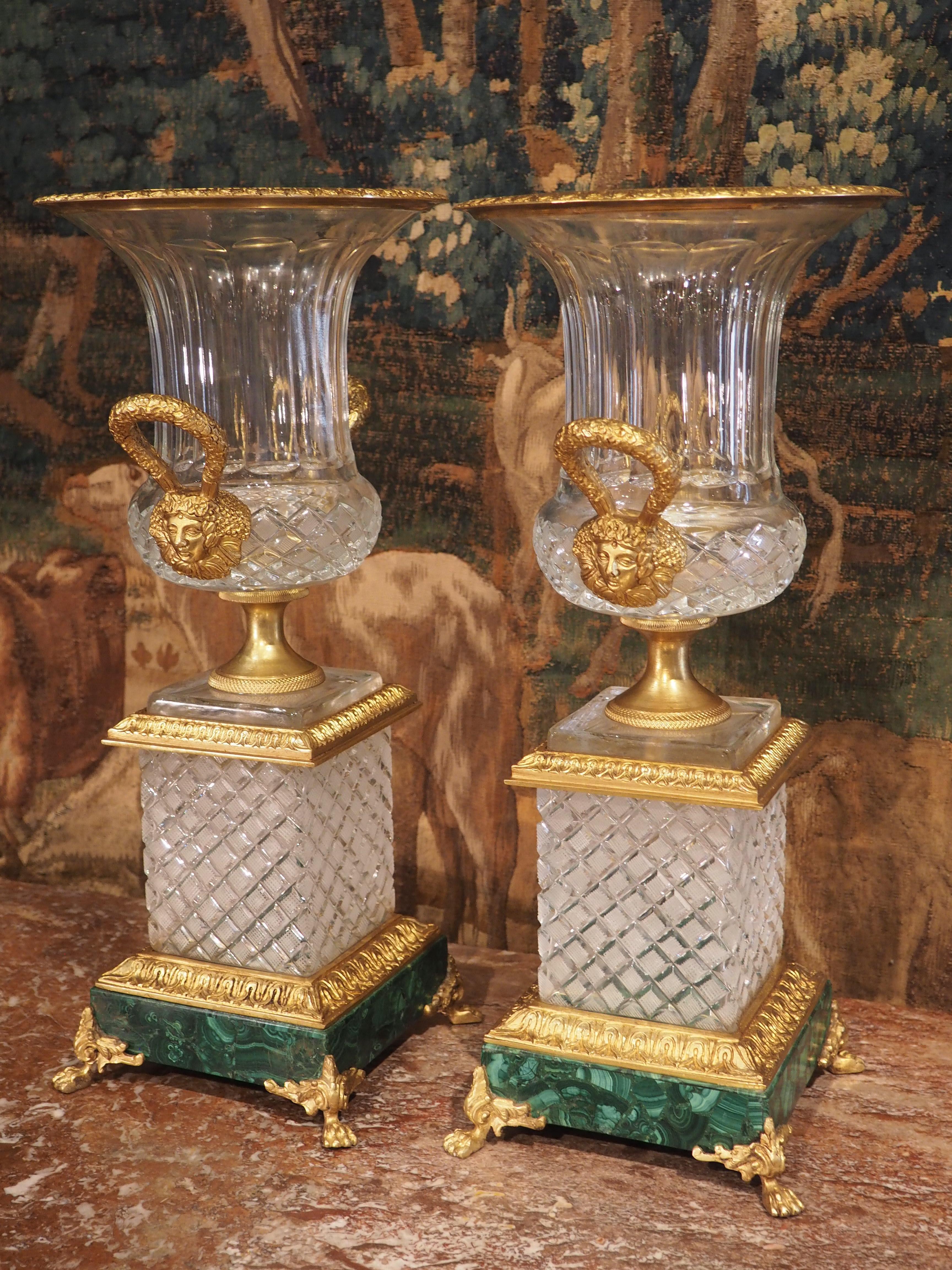 Pair of Early 1900s French Cut Glass, Gilt Bronze and Malachite Vases 16