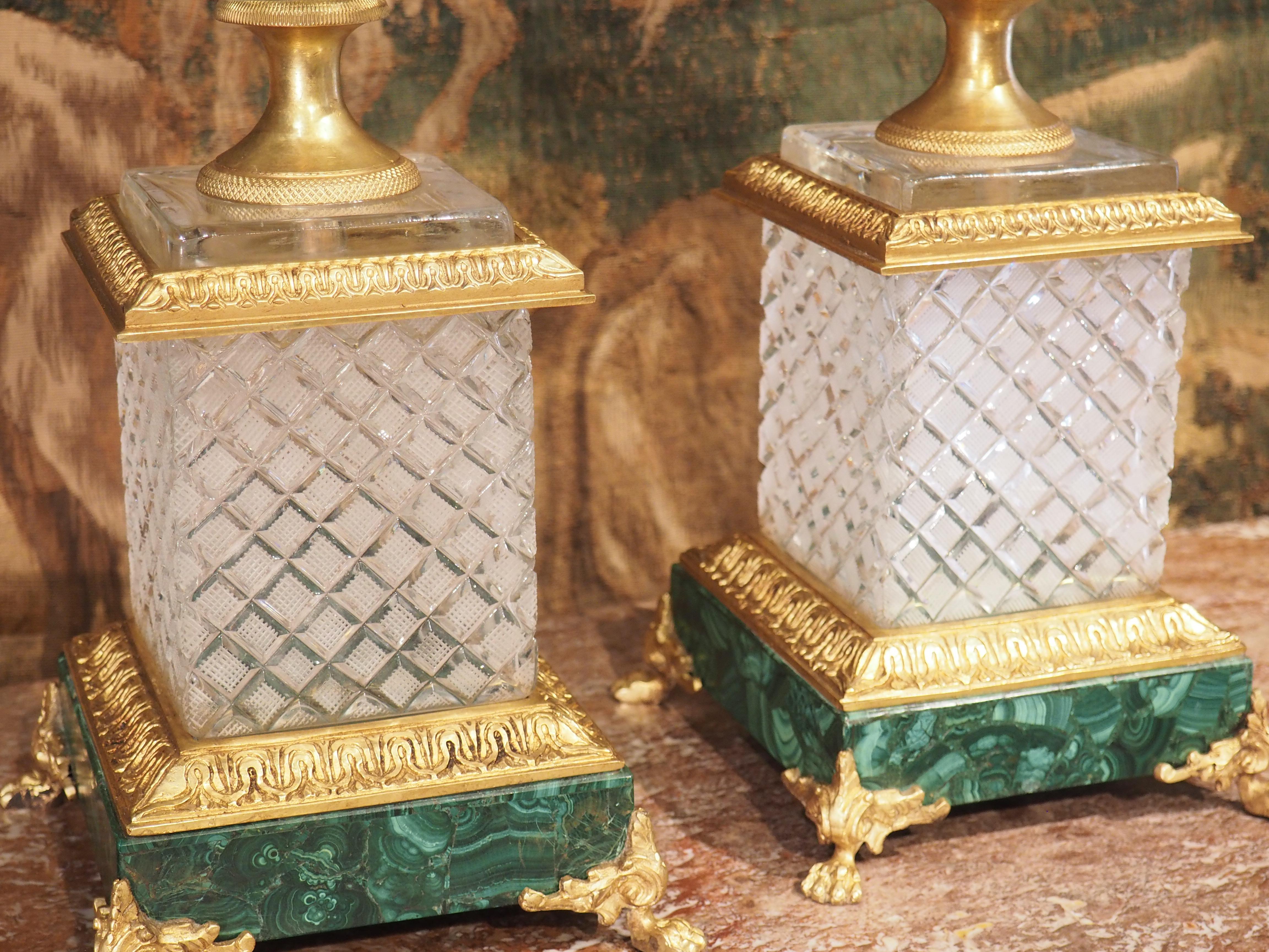 Pair of Early 1900s French Cut Glass, Gilt Bronze and Malachite Vases In Good Condition In Dallas, TX