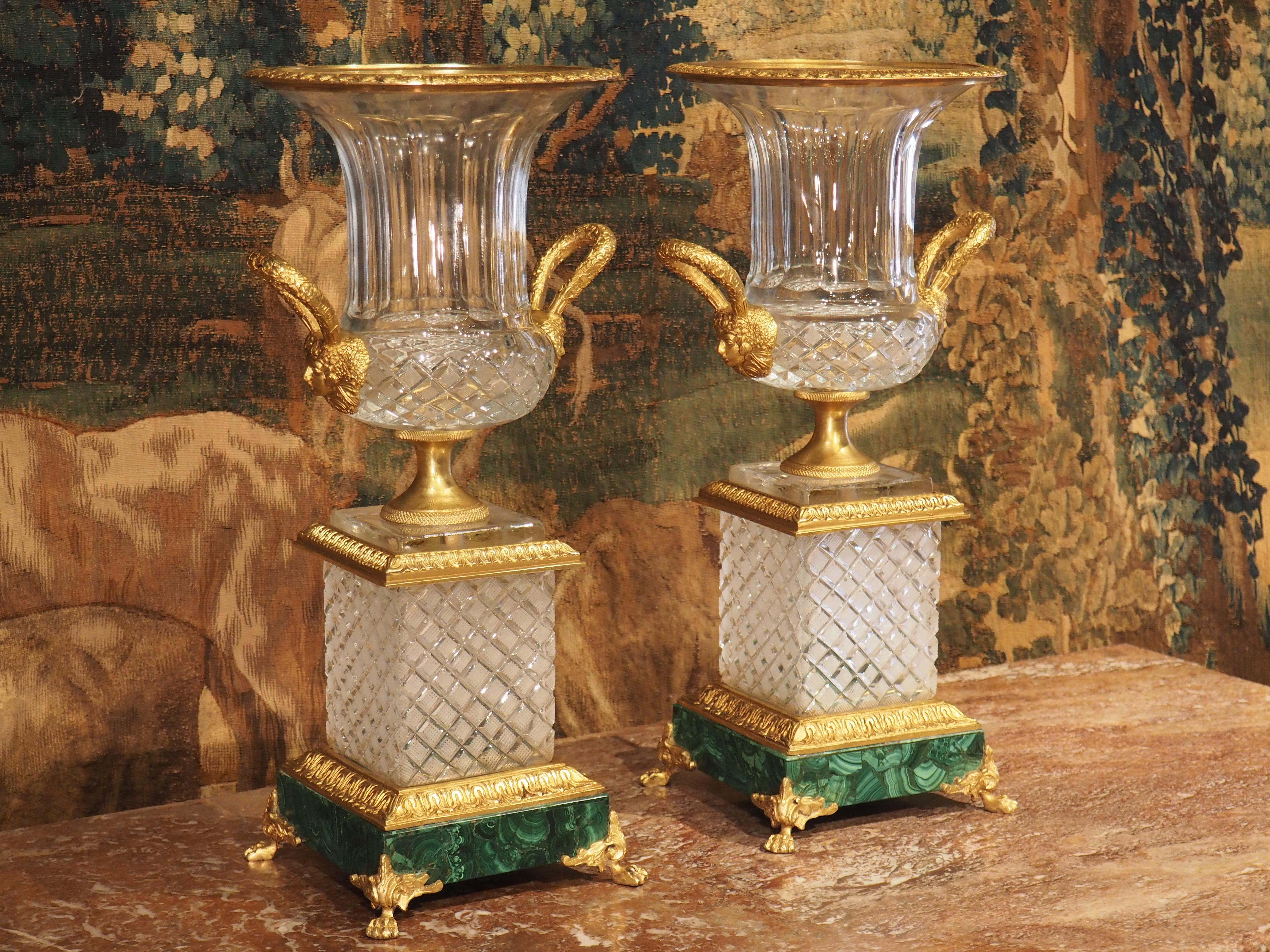 20th Century Pair of Early 1900s French Cut Glass, Gilt Bronze and Malachite Vases