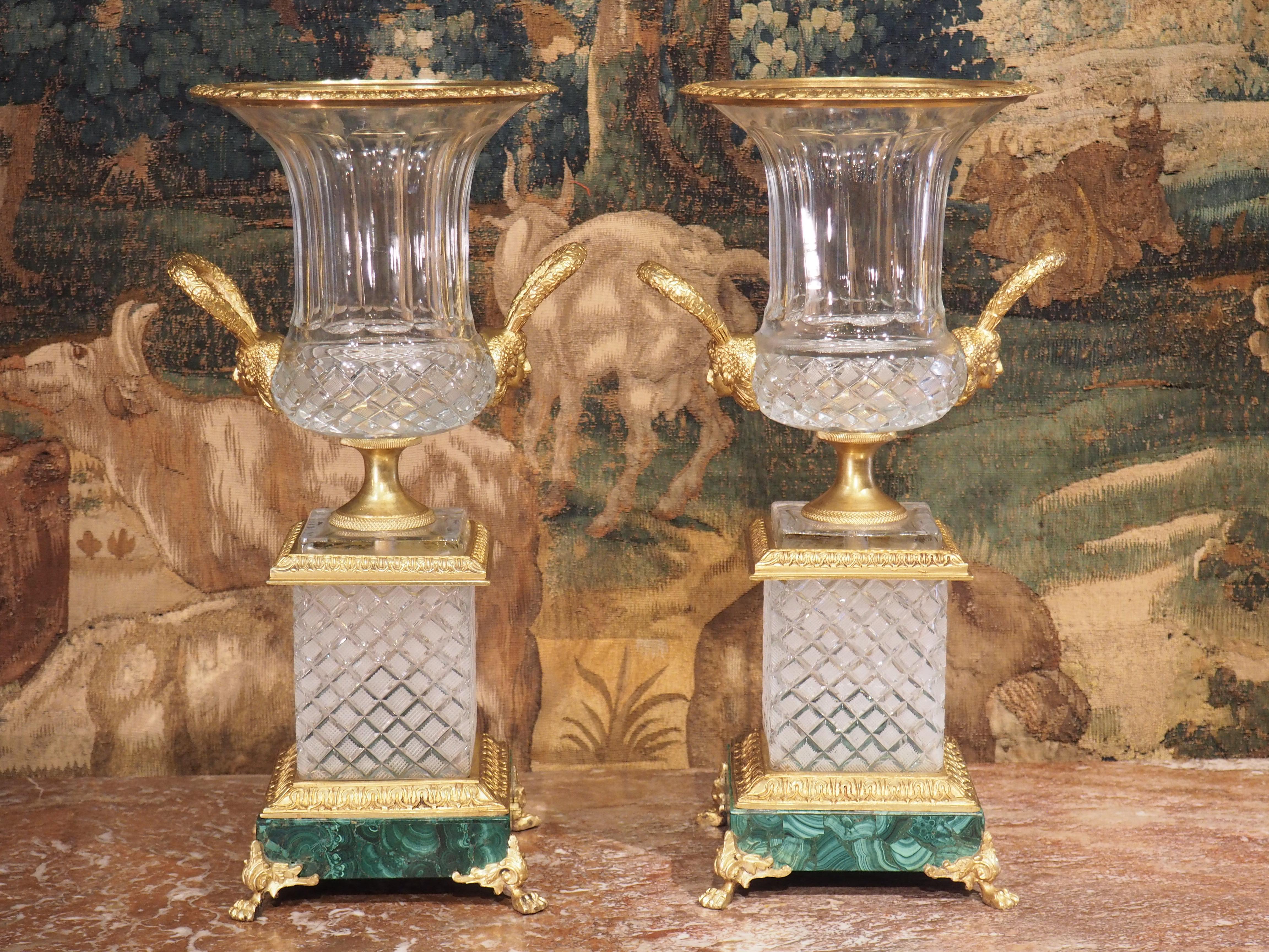 Pair of Early 1900s French Cut Glass, Gilt Bronze and Malachite Vases 1