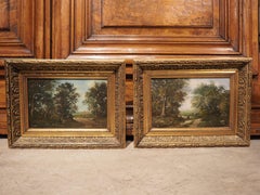 Pair of Early 1900s French Landscape Paintings on Board with Giltwood Frames
