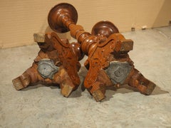 Pair of Early 1900's French Pine Candlesticks with Fleur De Lys Relief Carvings