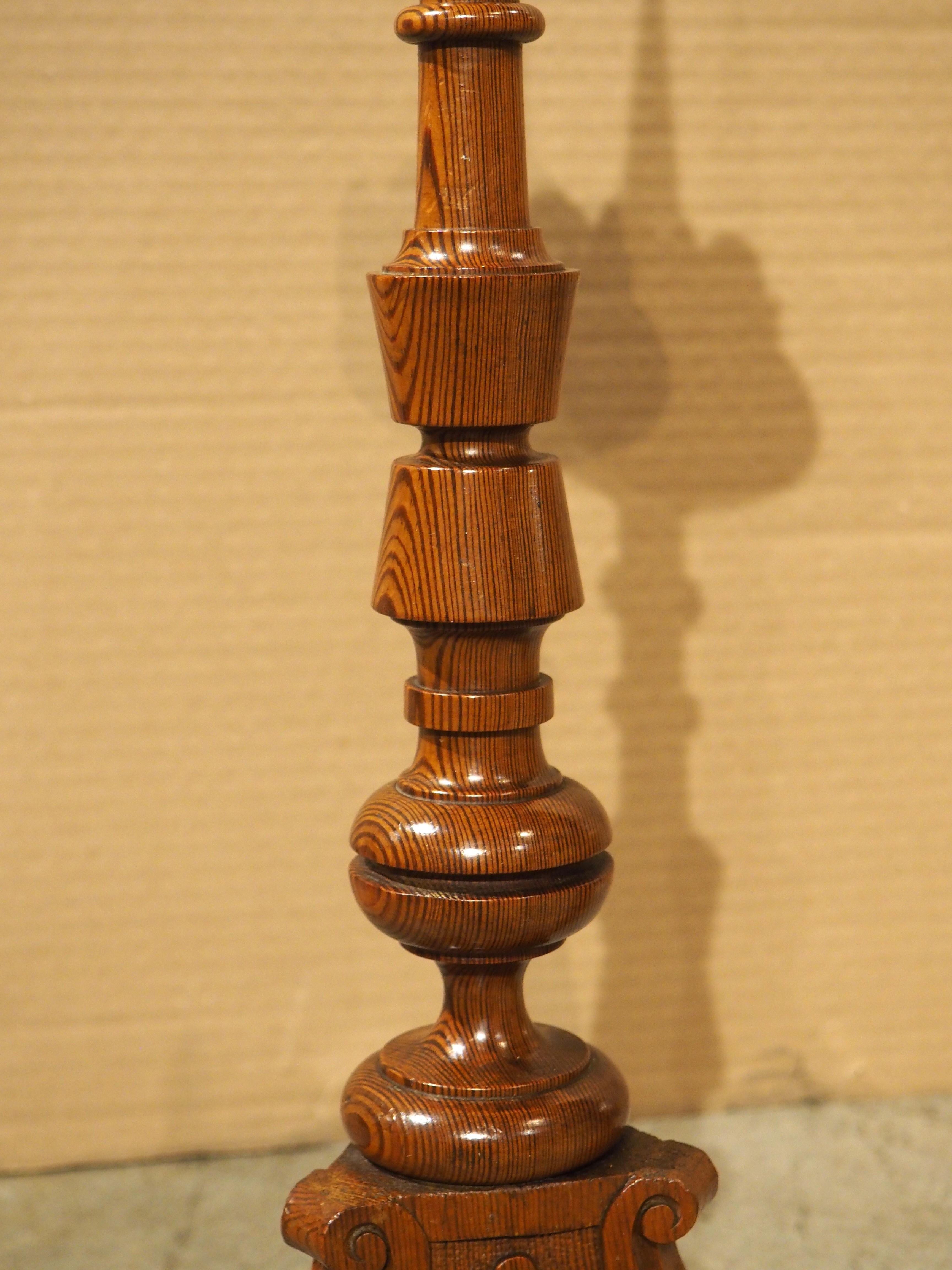 20th Century Pair of Early 1900's French Pine Candlesticks with Fleur De Lys Relief Carvings For Sale