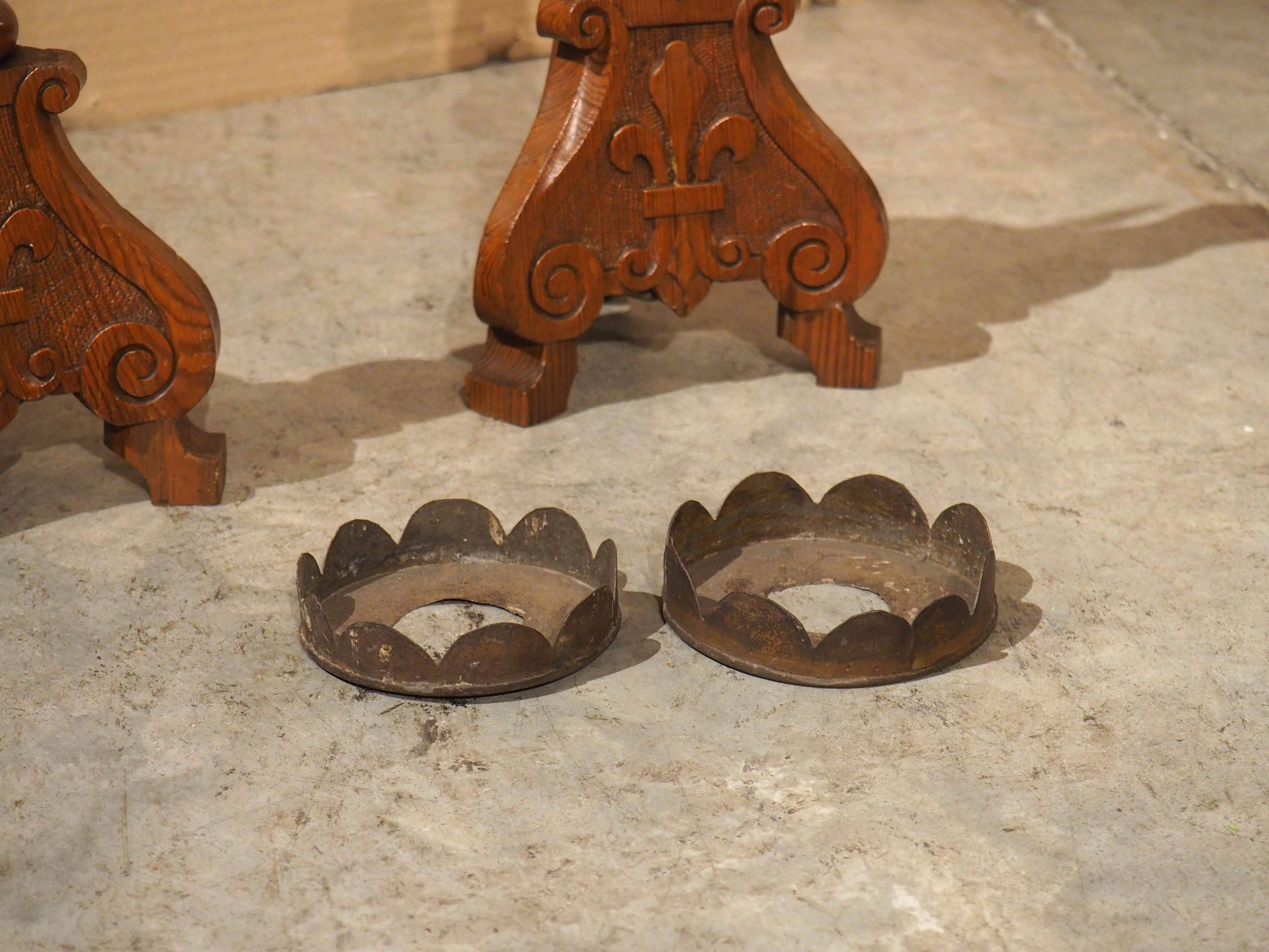 Pair of Early 1900's French Pine Candlesticks with Fleur De Lys Relief Carvings For Sale 3