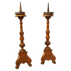 Antique Pair of Early 1900's French Pine Candlesticks with Fleur De Lys Relief Carvings