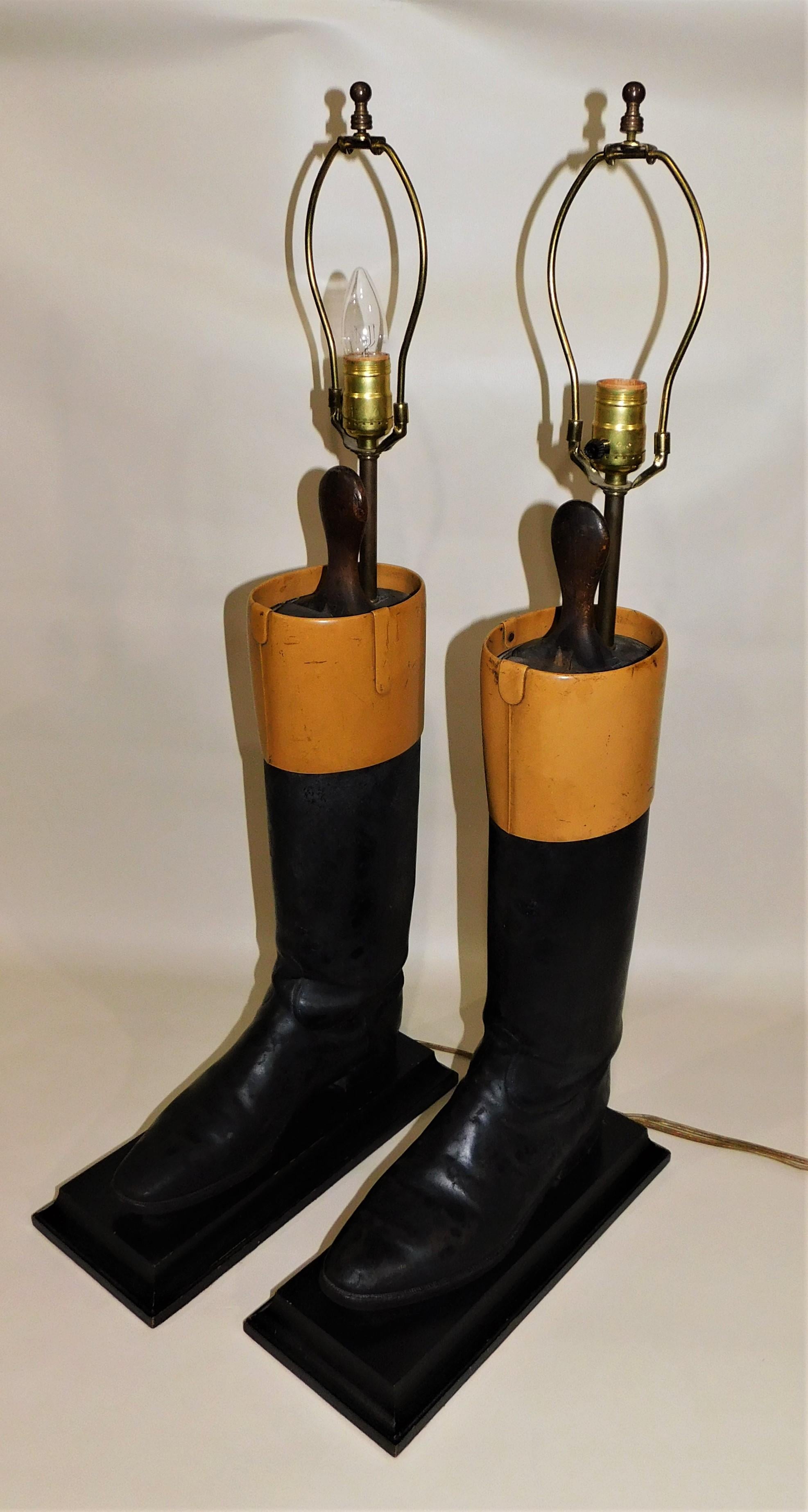 Metal Pair of Early 1900s Leather Equestrian Riding Boot Table Lamps