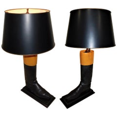 Pair of Early 1900s Leather Equestrian Riding Boot Table Lamps
