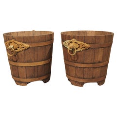 Pair of Early 1900s Oak and Iron Buckets from France
