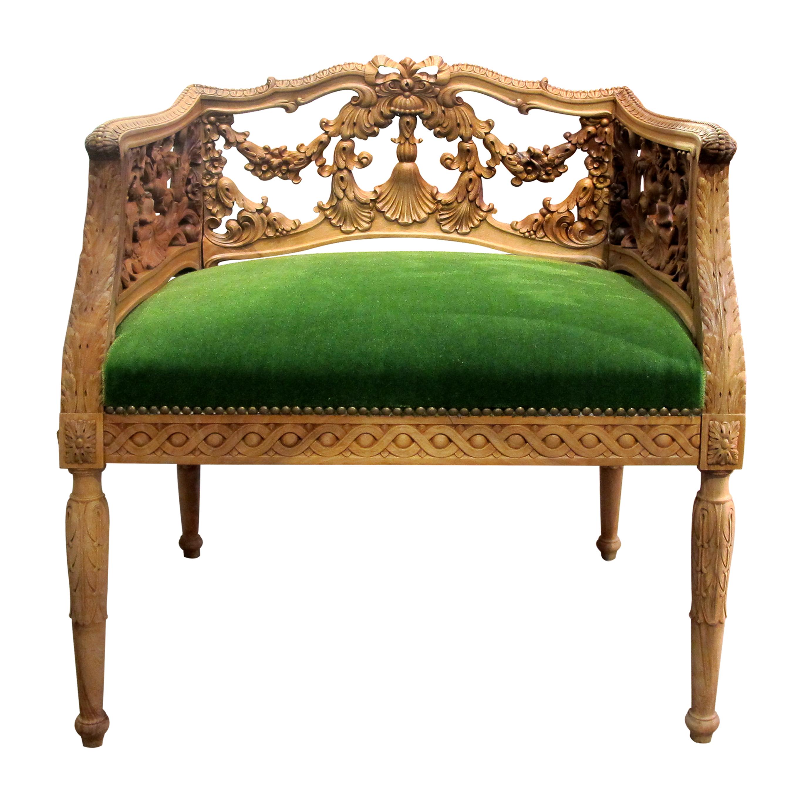 Pair of elegant and highly decorative armchairs, early 1900s Swedish. The arms and the backrest of the chairs have been beautifully carved with generous curves. The chairs are upholstered in a green mohair fabric from Lelievre UK. 

Size: H: 74 cm