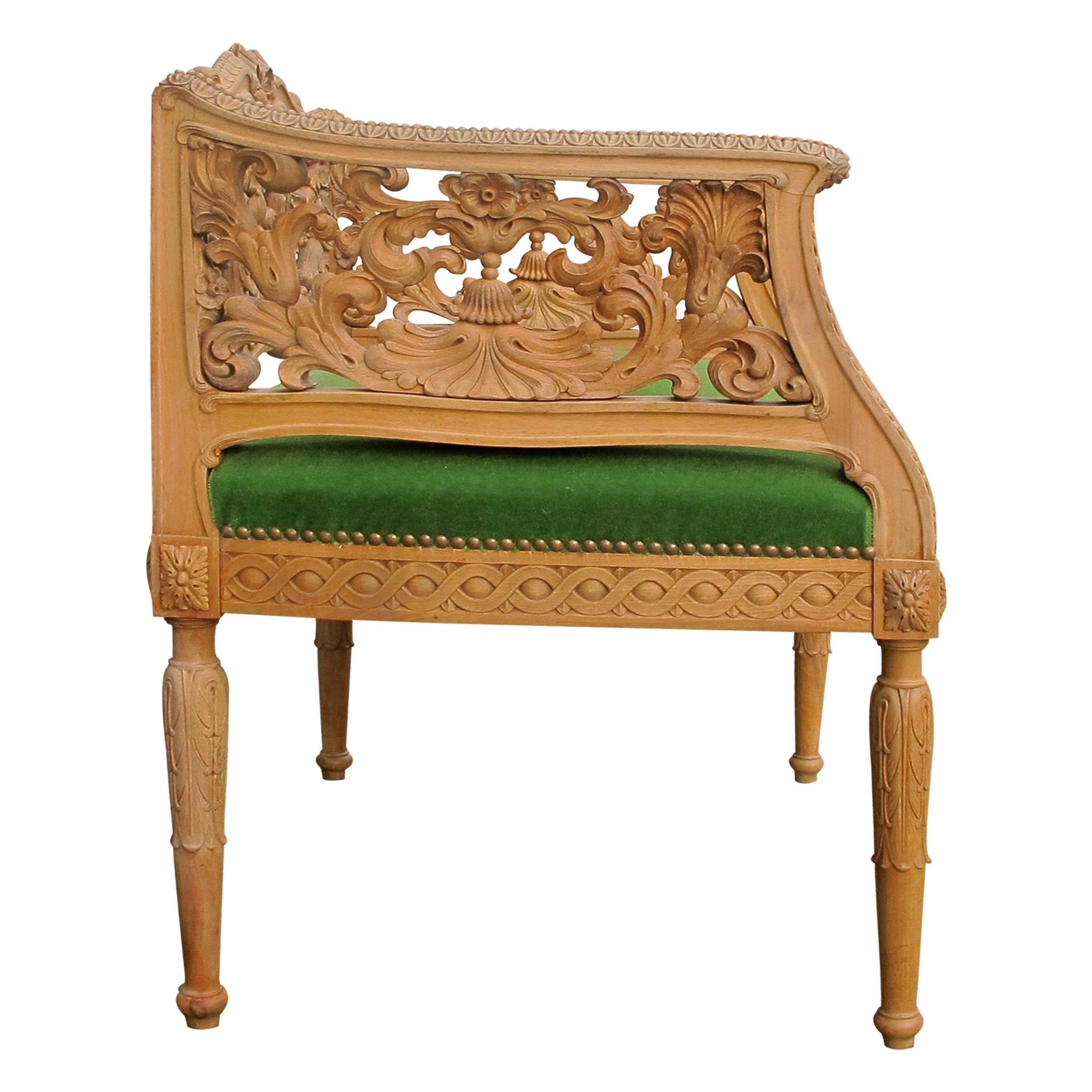 Hand-Carved Pair of Early 1900s Swedish Carved Framed Armchairs with Green Mohair Seats