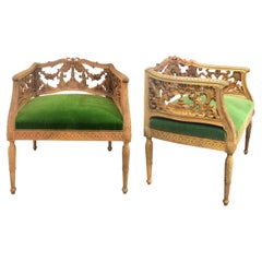 Pair of Early 1900s Swedish Carved Framed Armchairs with Green Mohair Seats