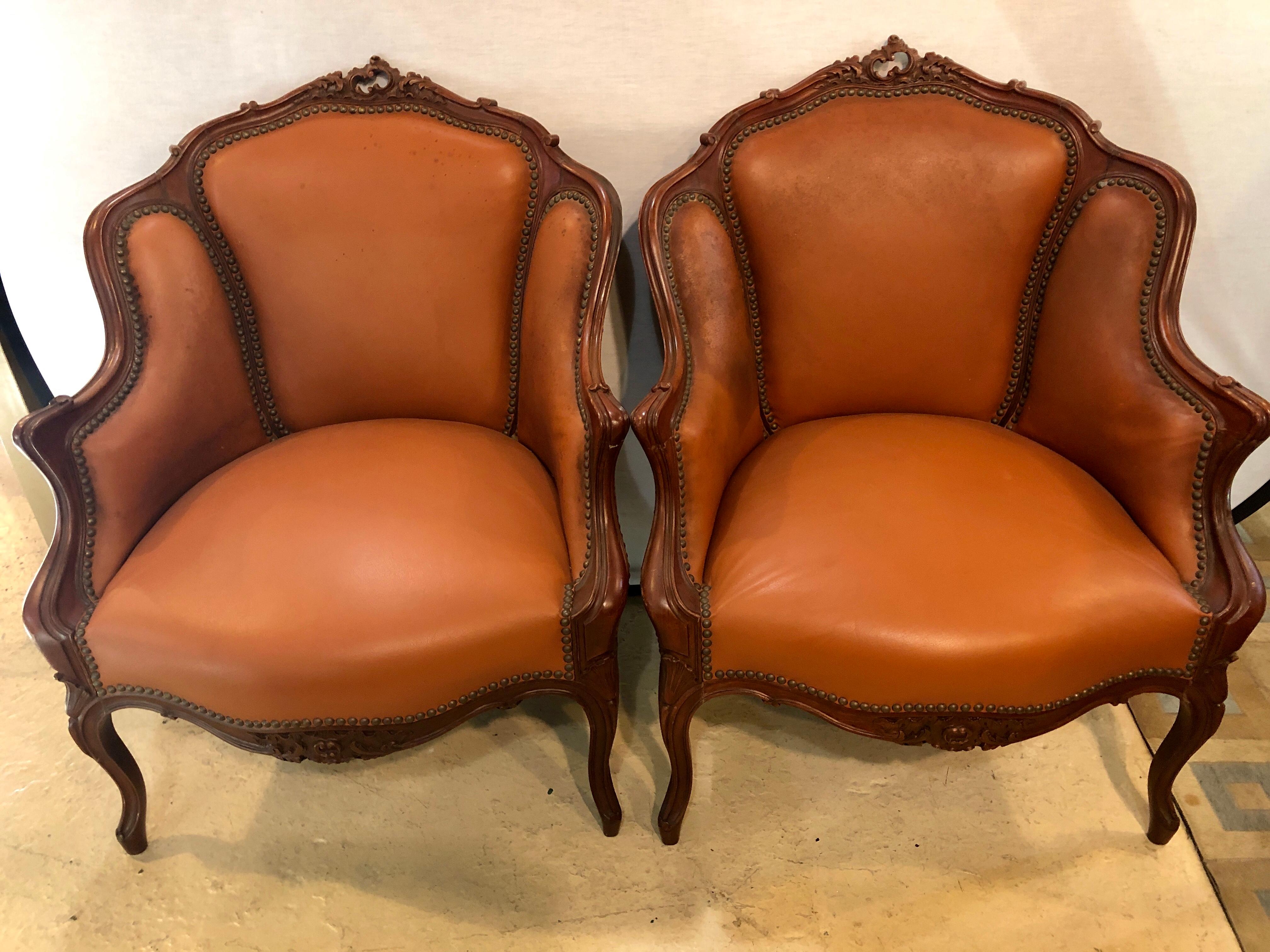 French Pair of Early 1920s Louis XV Style Barrel Back Bergere Armchairs