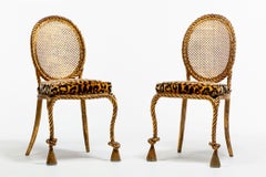 Coppia di sedie italiane dei primi anni '40 in ferro dorato con corde e nappe di Niccolini