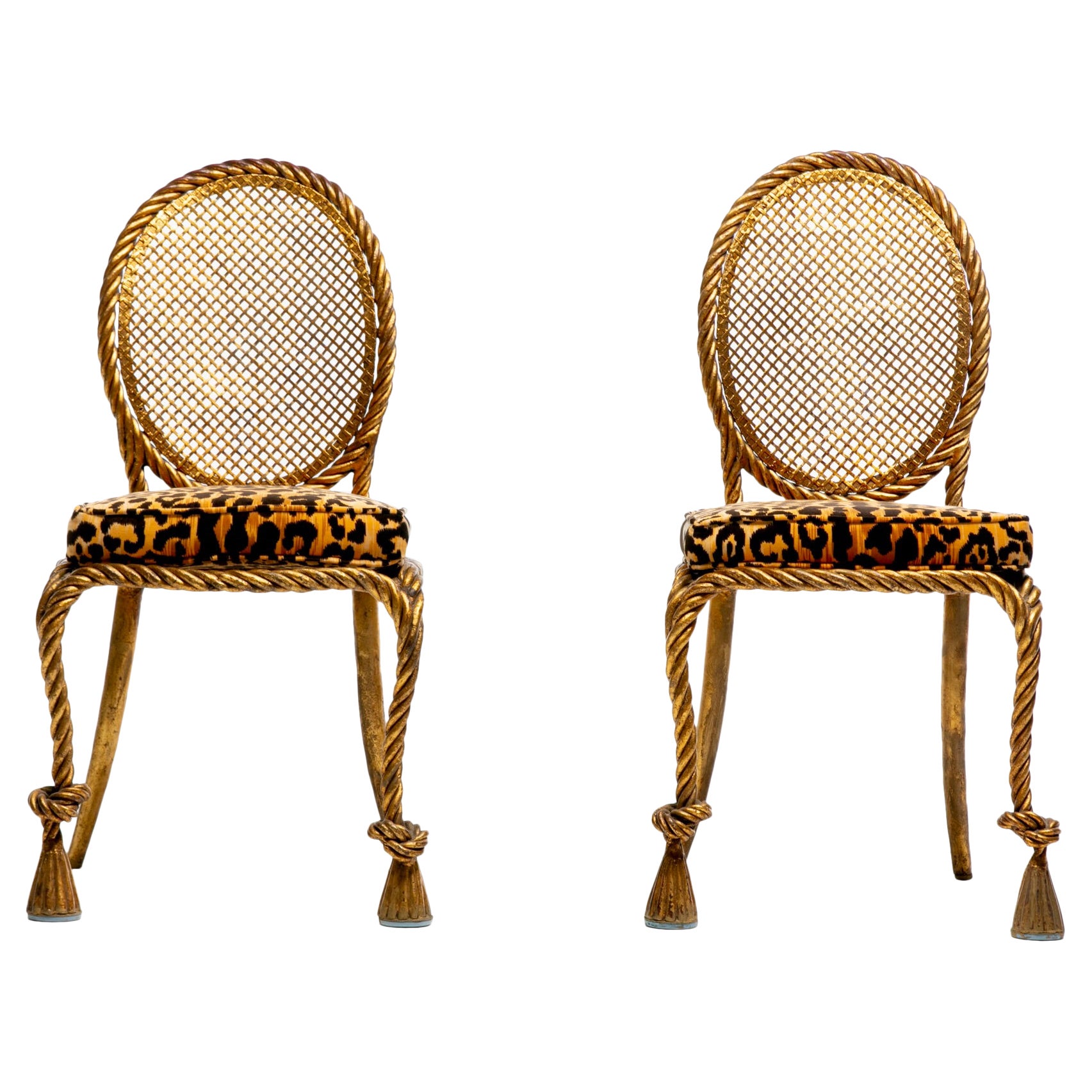Pair of Early 1940s Italian Gilt Rope and Tassel Iron Side Chairs by Niccolini