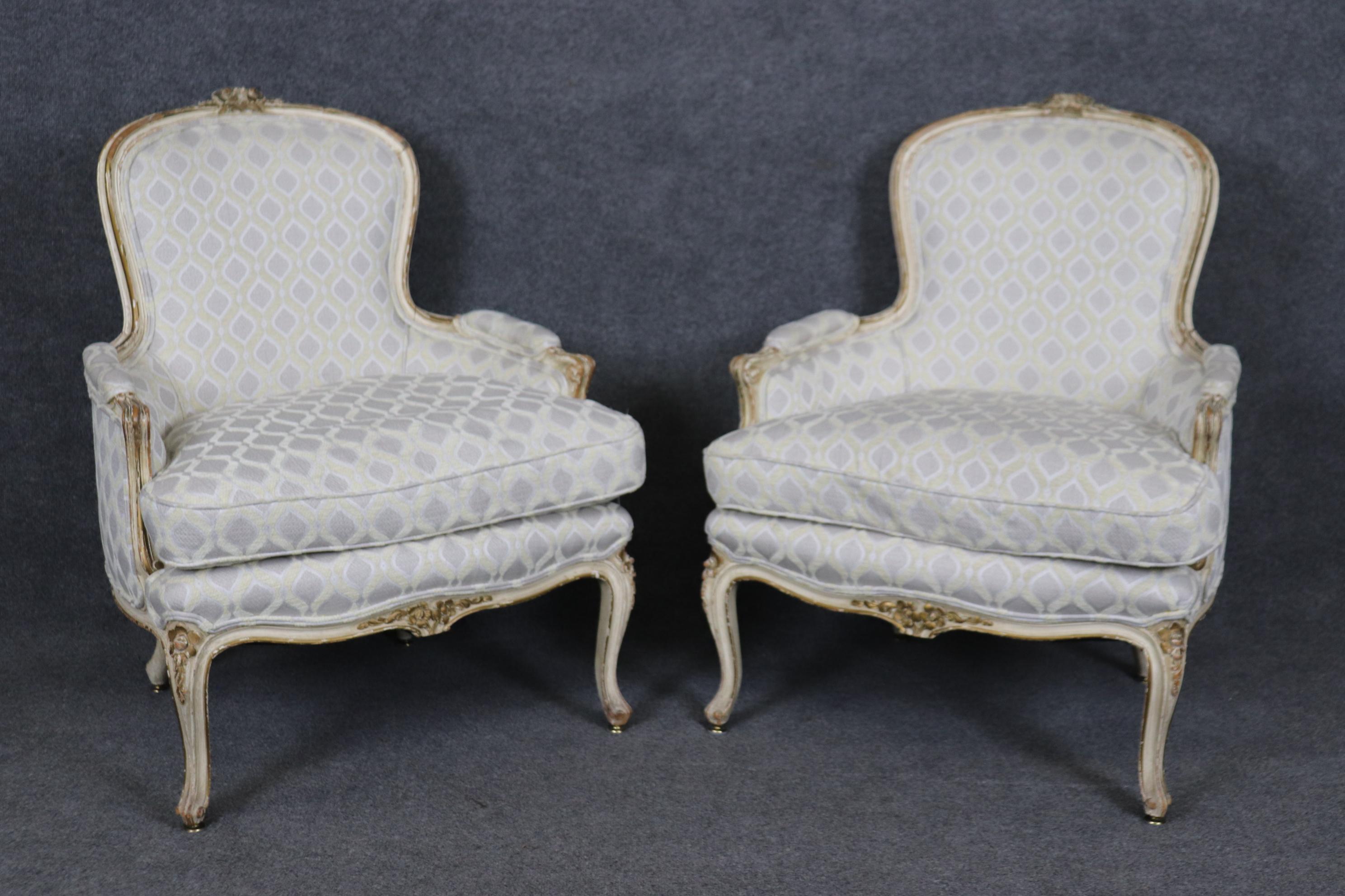 Pair of Early 1990s era Paint Decorated French Louis XV Bergere Chairs For Sale 1