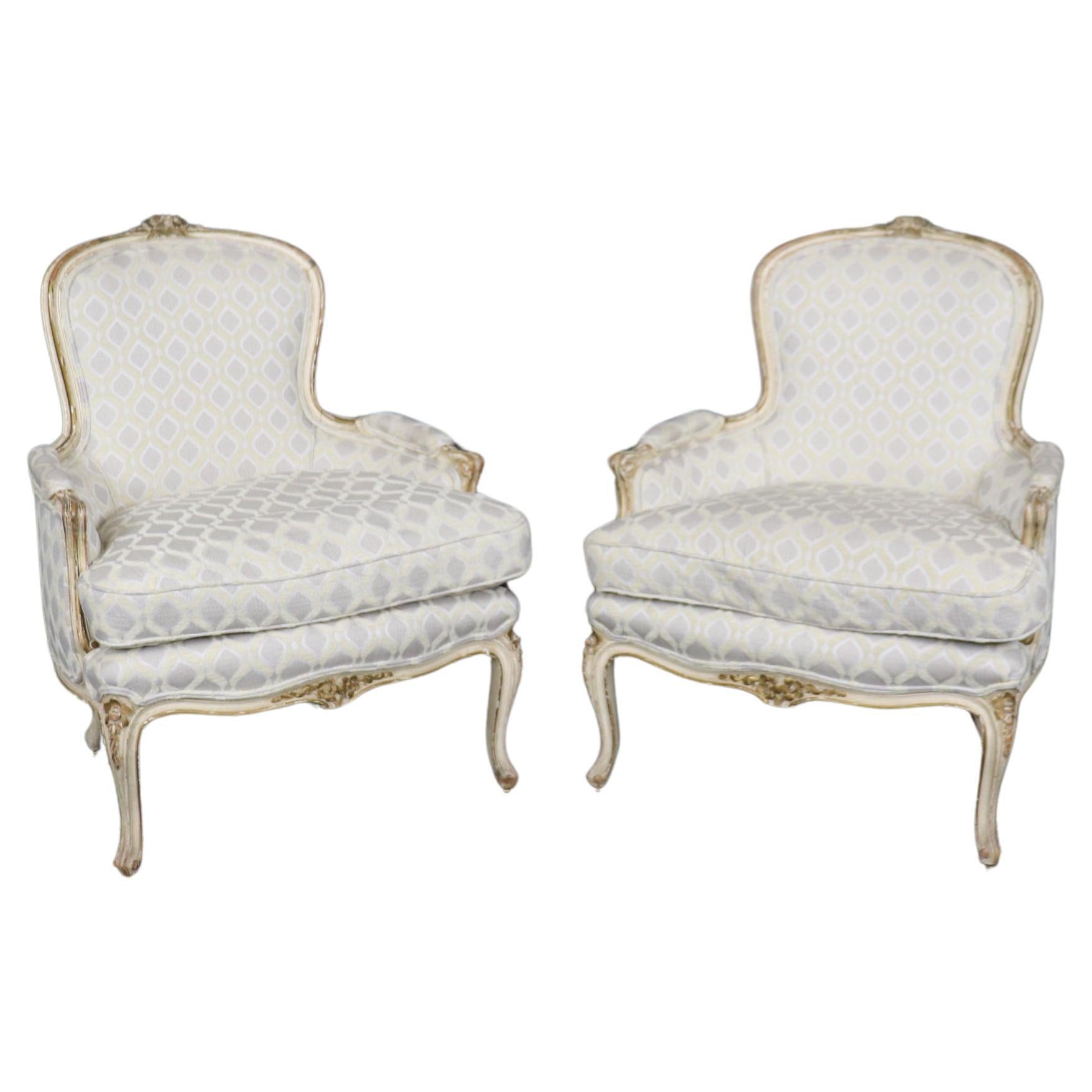 Pair of Early 1990s era Paint Decorated French Louis XV Bergere Chairs  For Sale