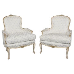 Antique Pair of Early 1990s era Paint Decorated French Louis XV Bergere Chairs 