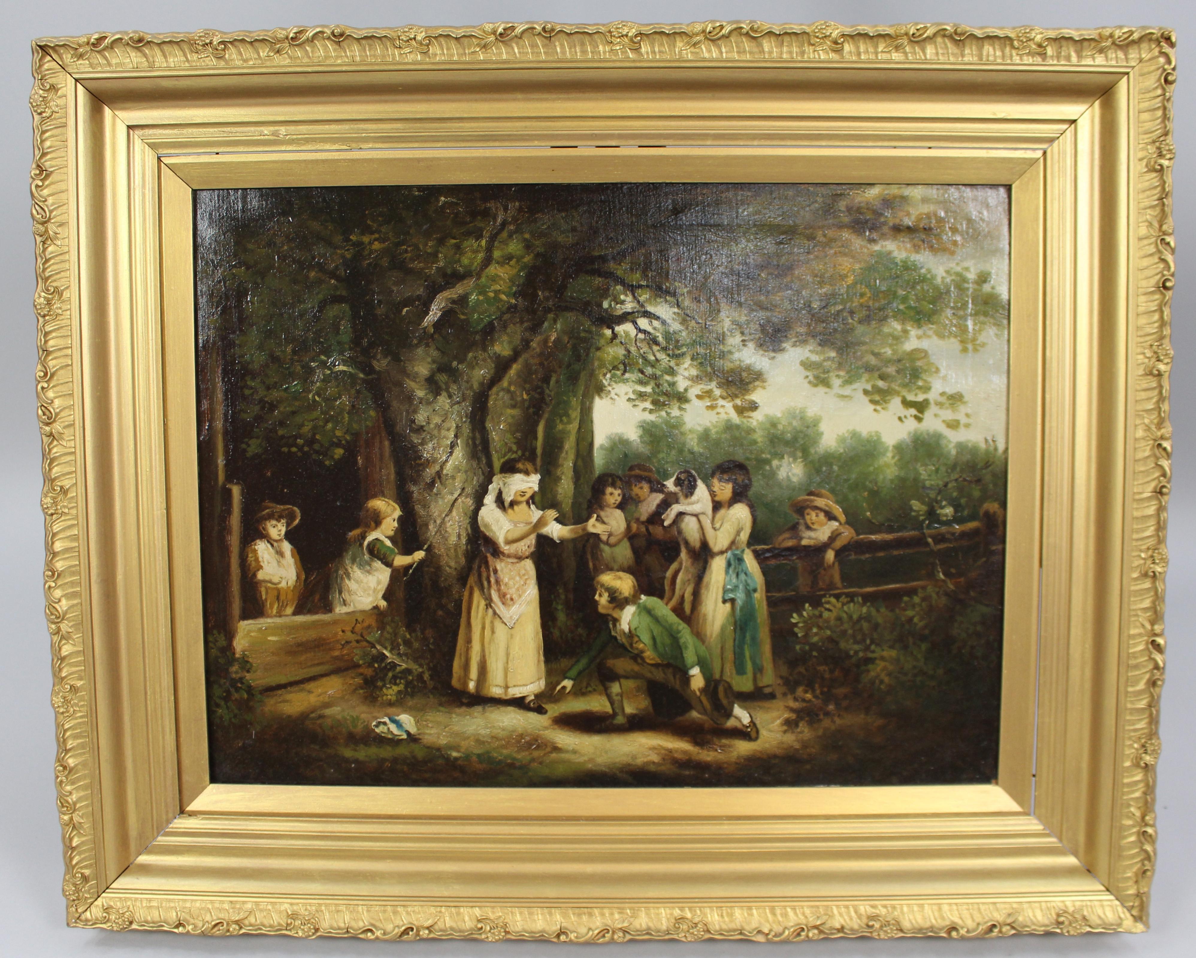 British Pair of Early 19th C. Country Genre Scenes Oil on Canvas For Sale