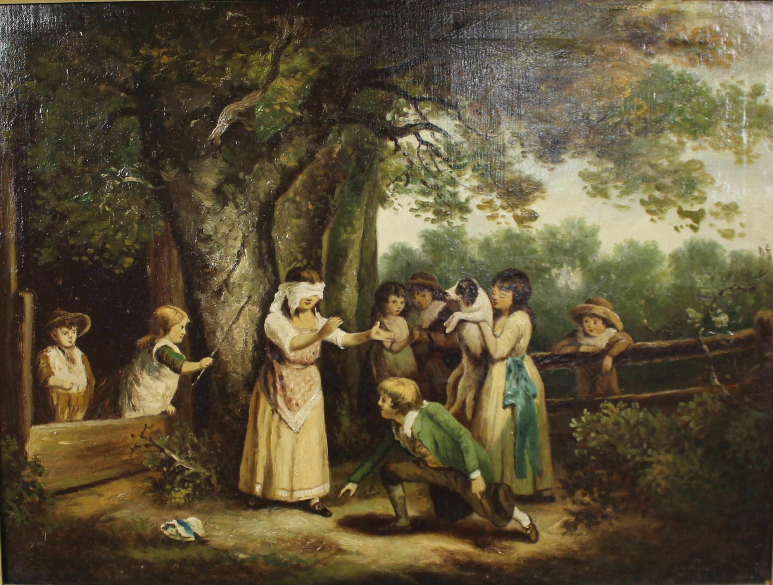Hand-Painted Pair of Early 19th C. Country Genre Scenes Oil on Canvas For Sale