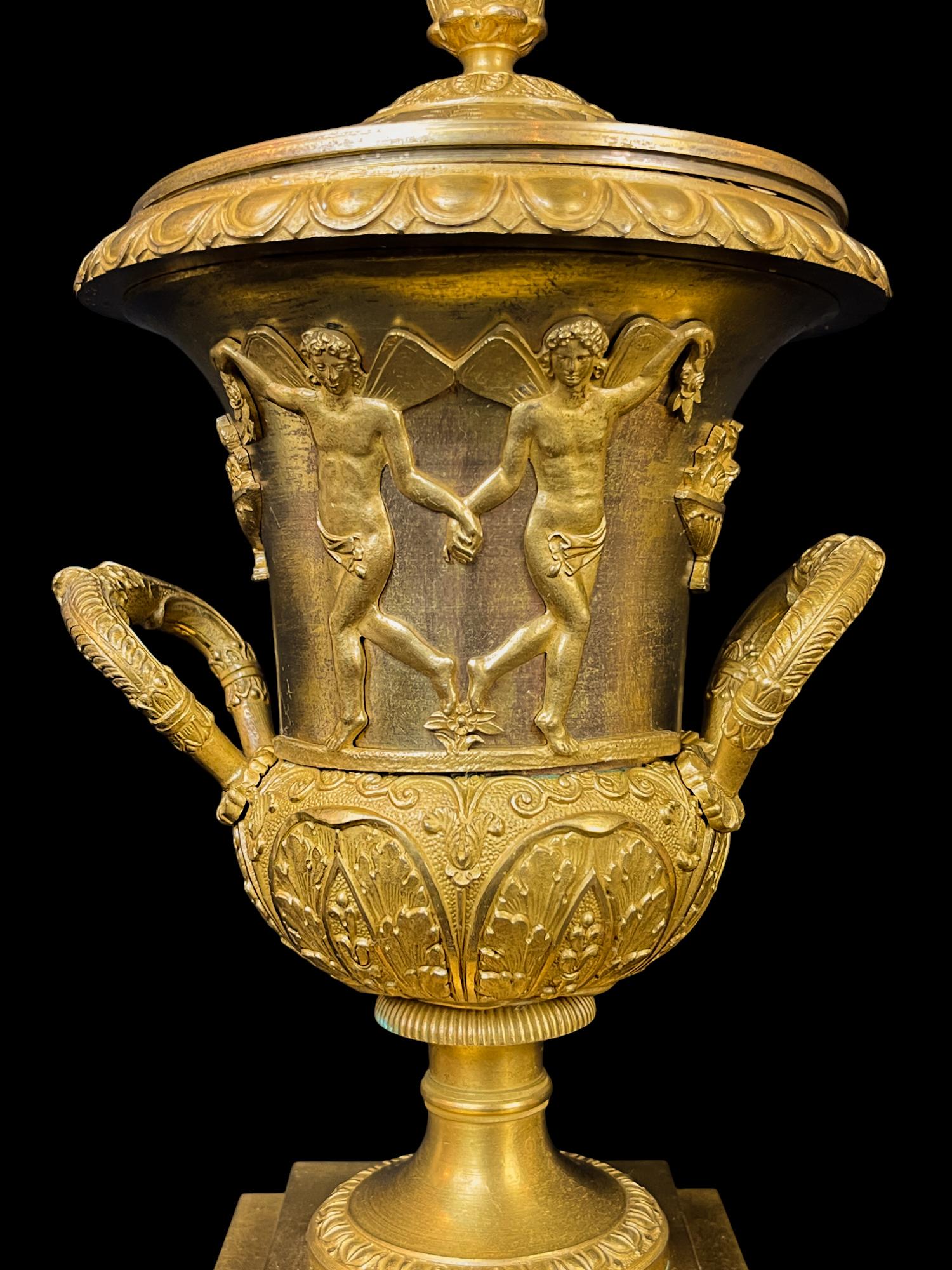 Cast Pair of Early 19th c Empire Gilt Bronze Cassolettes For Sale