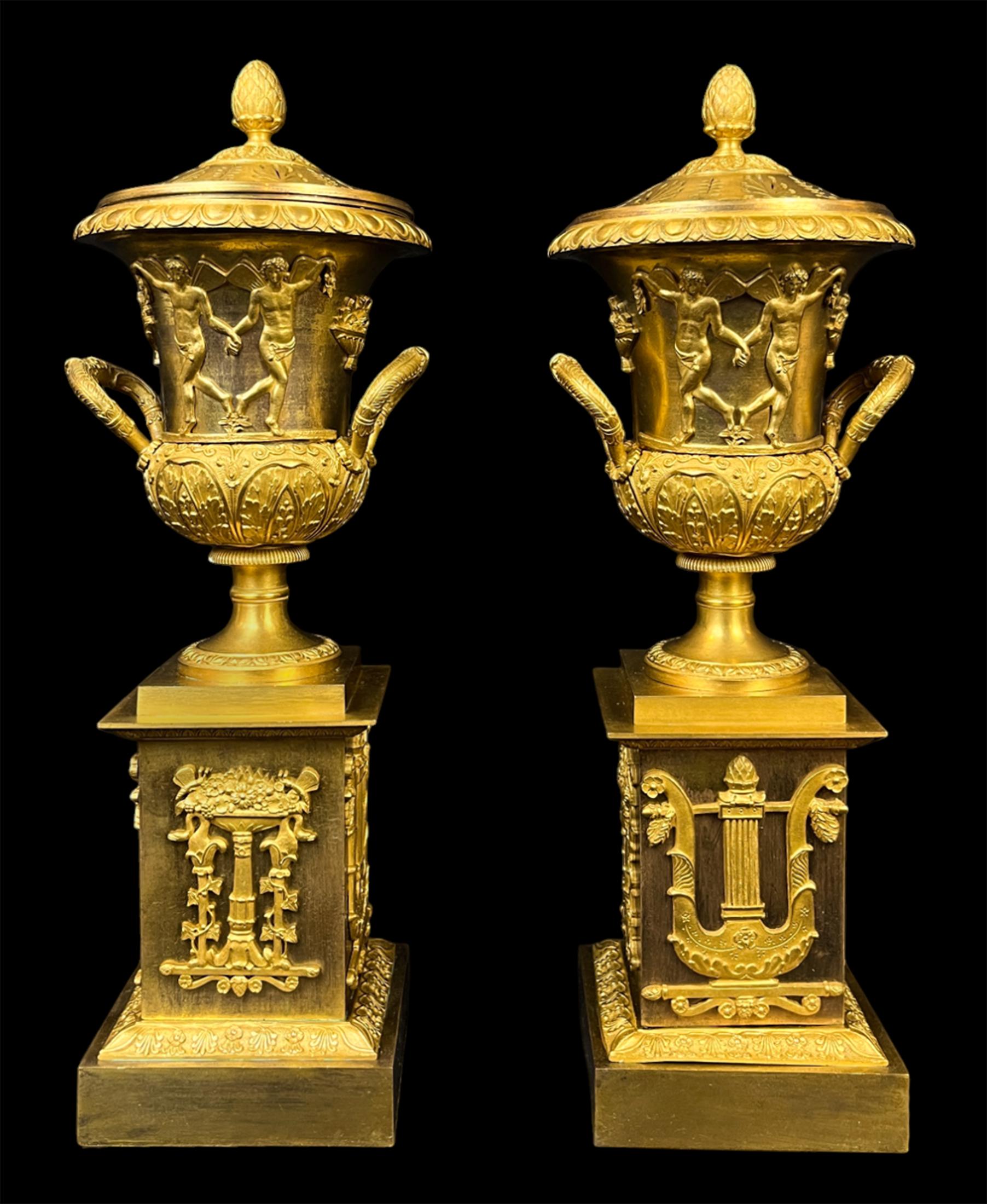 19th Century Pair of Early 19th c Empire Gilt Bronze Cassolettes For Sale