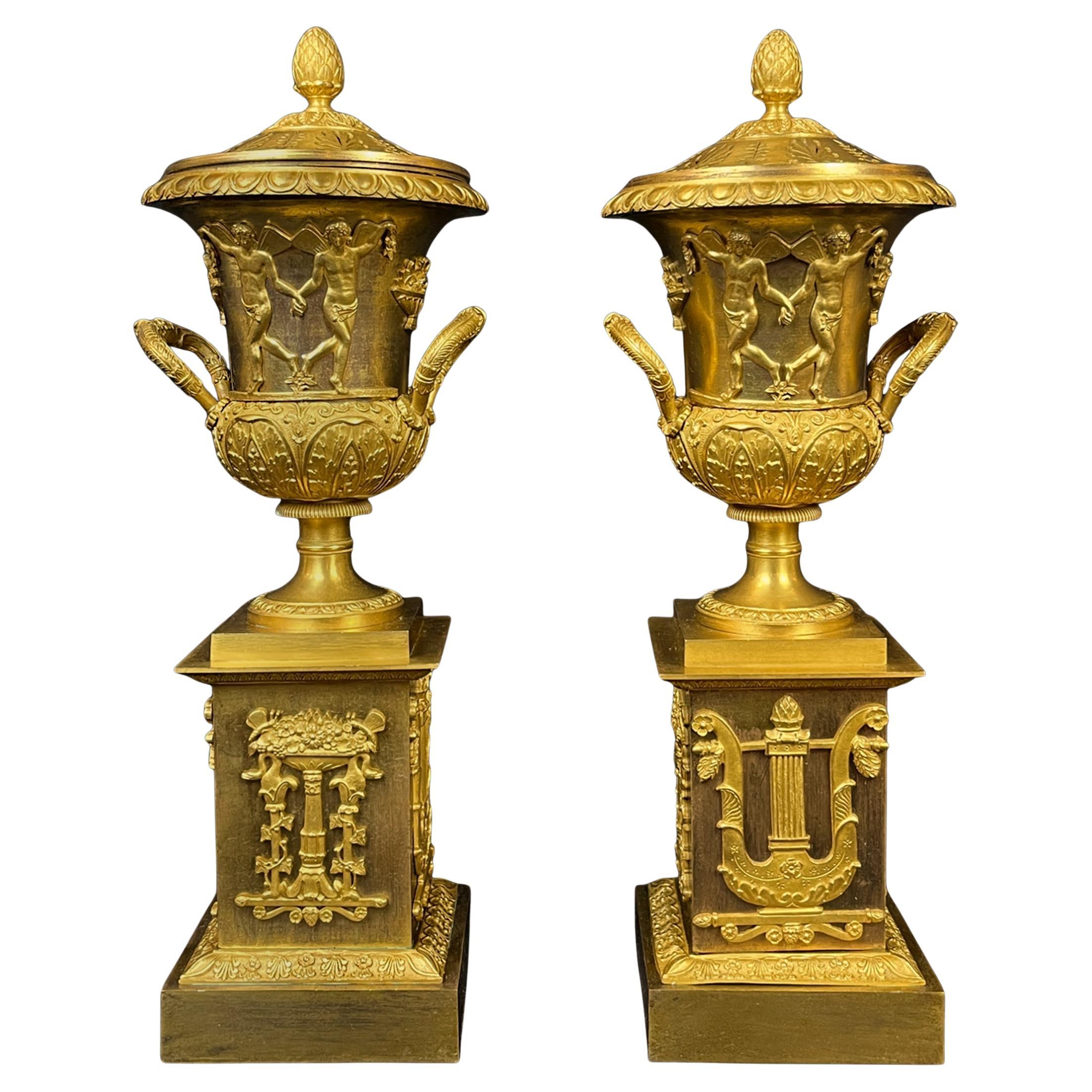 Pair of Early 19th c Empire Gilt Bronze Cassolettes