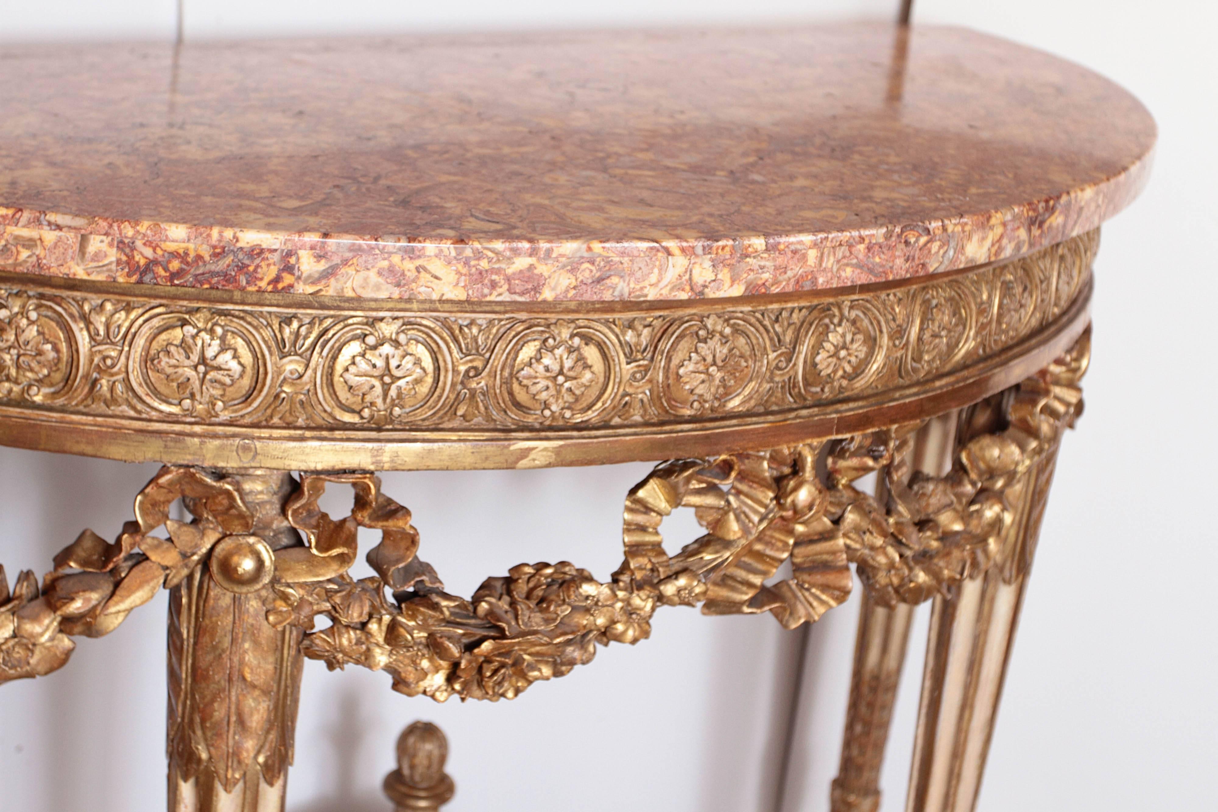 18th Century Early 19th Century French Louis XVI Gilt Carved and Cream Painted Consoles, Pair