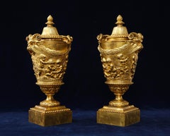 Pair of Early 19th C. French Ormolu Covered Vases, Signed Clodion