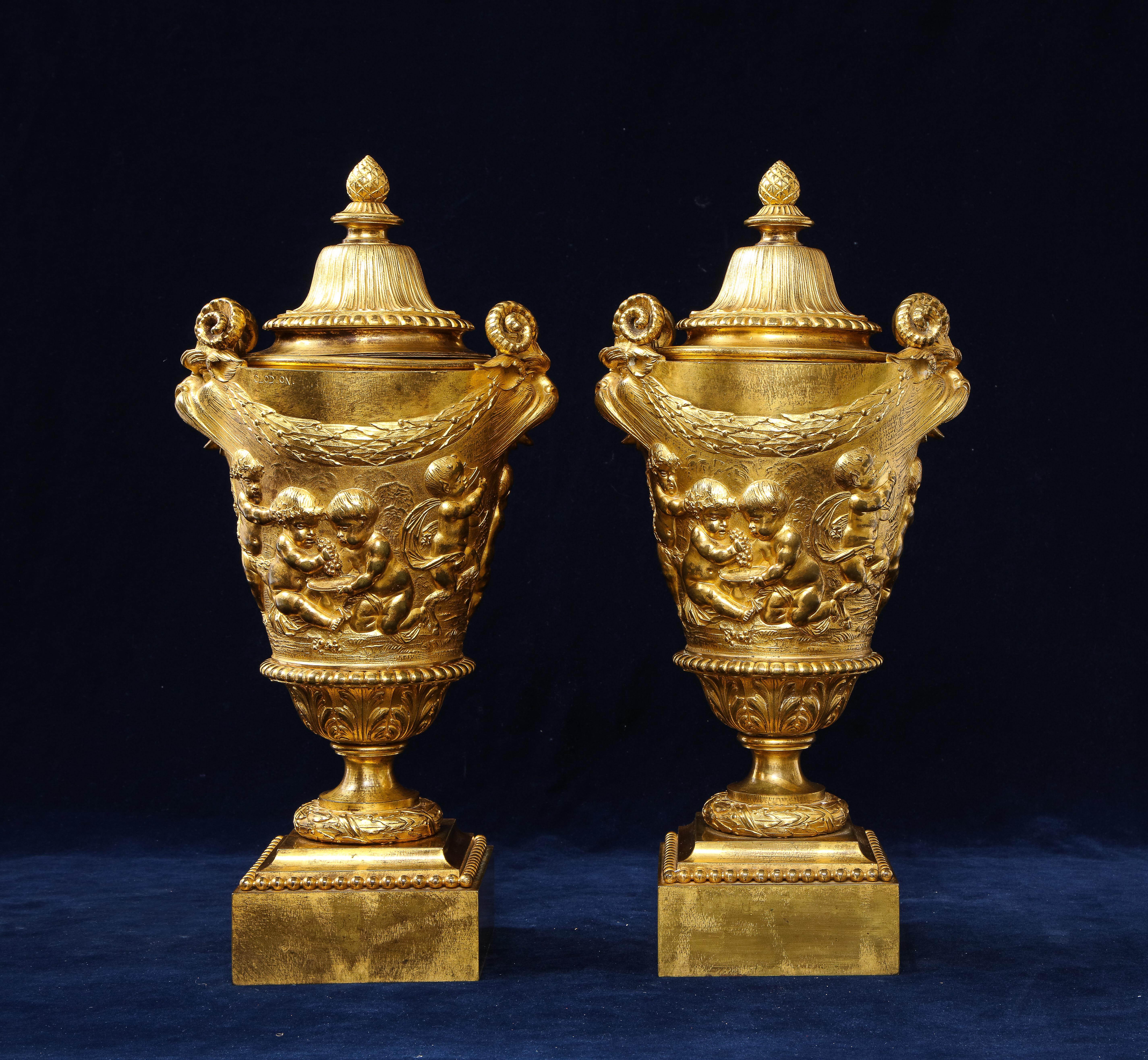 Louis XVI Pair of Early 19th C. French Ormolu Covered Vases, Signed Clodion For Sale
