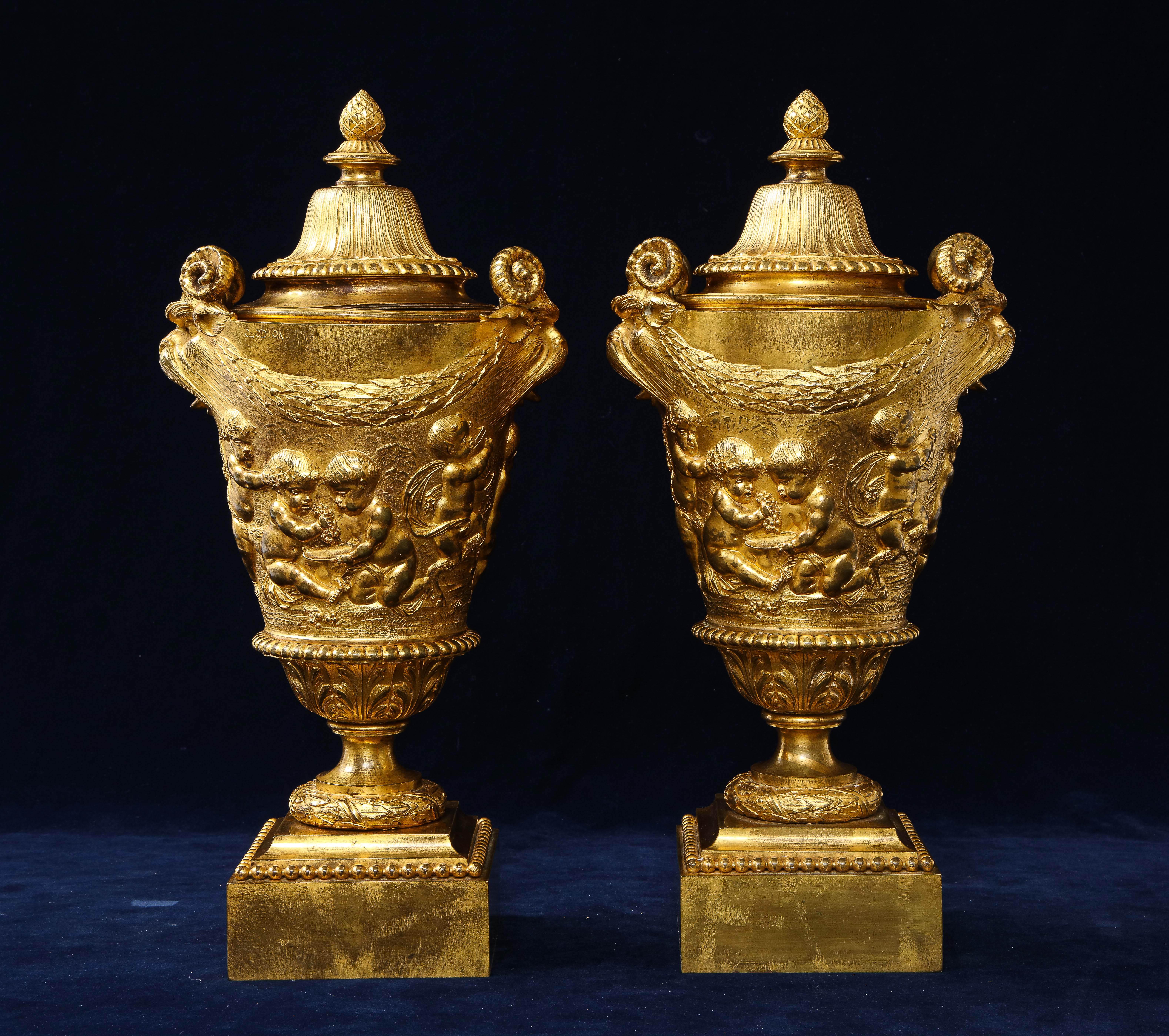 Cast Pair of Early 19th C. French Ormolu Covered Vases, Signed Clodion For Sale
