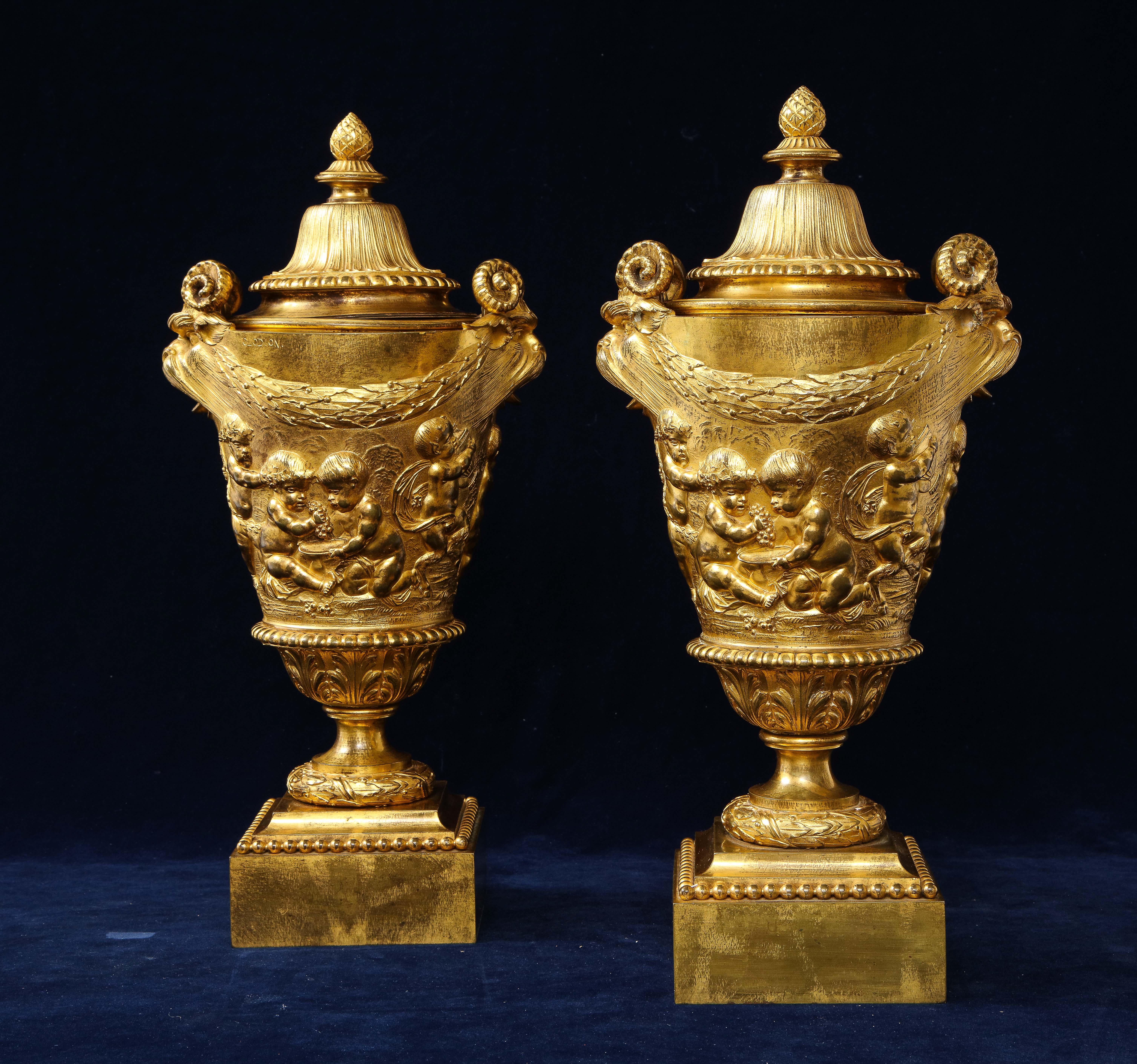 Pair of Early 19th C. French Ormolu Covered Vases, Signed Clodion In Good Condition For Sale In New York, NY