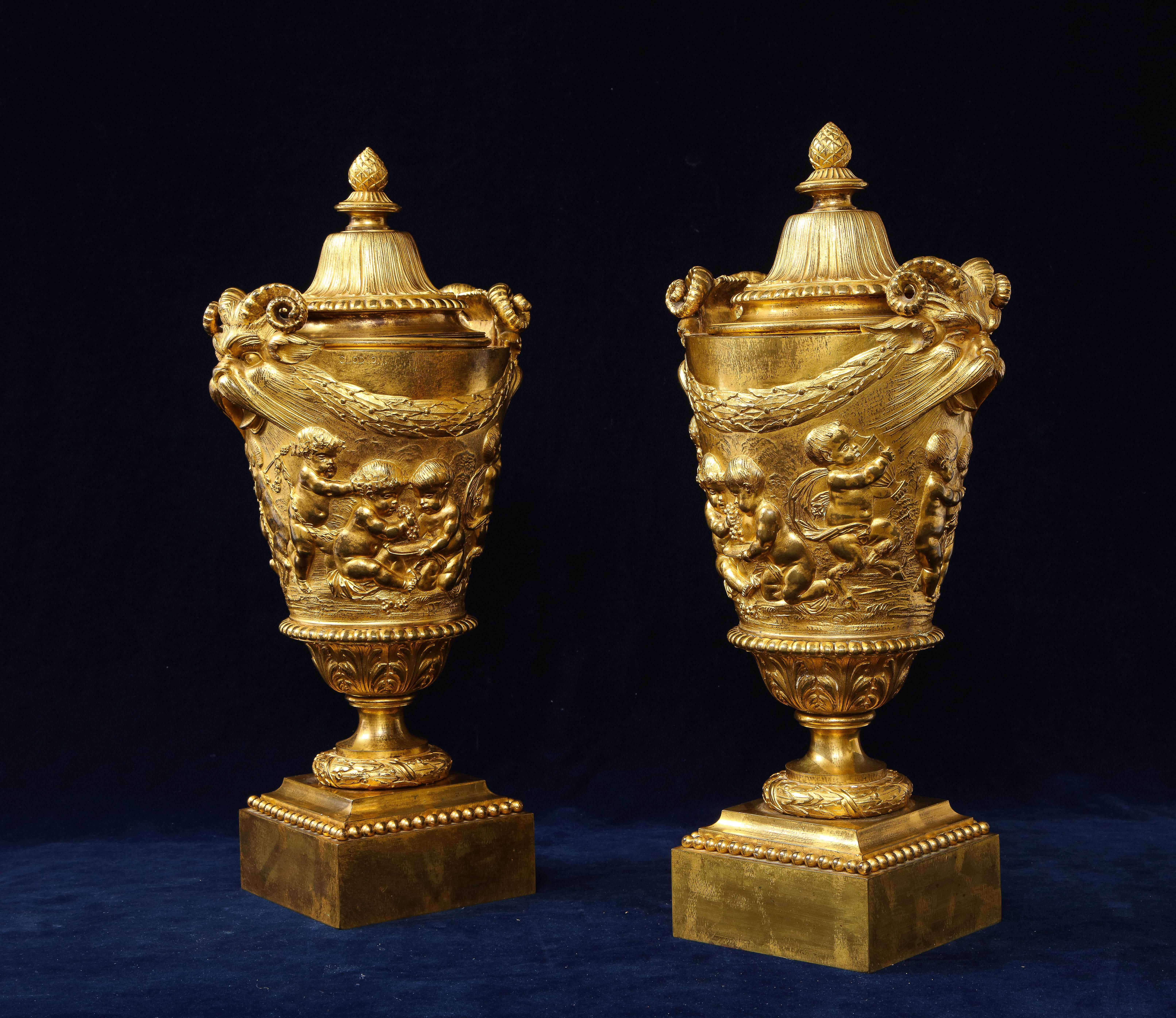 Mid-19th Century Pair of Early 19th C. French Ormolu Covered Vases, Signed Clodion For Sale