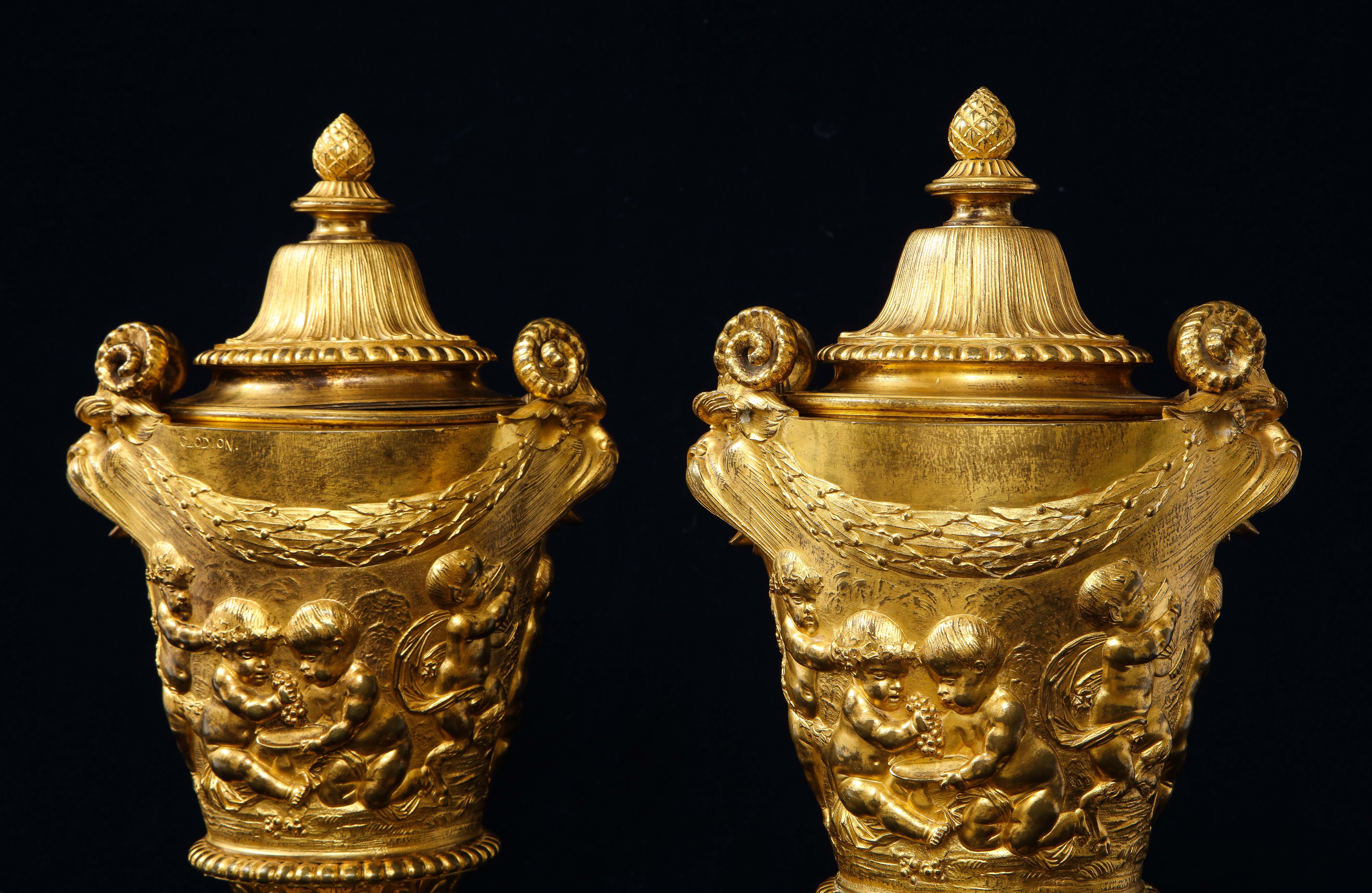 Pair of Early 19th C. French Ormolu Covered Vases, Signed Clodion For Sale 1