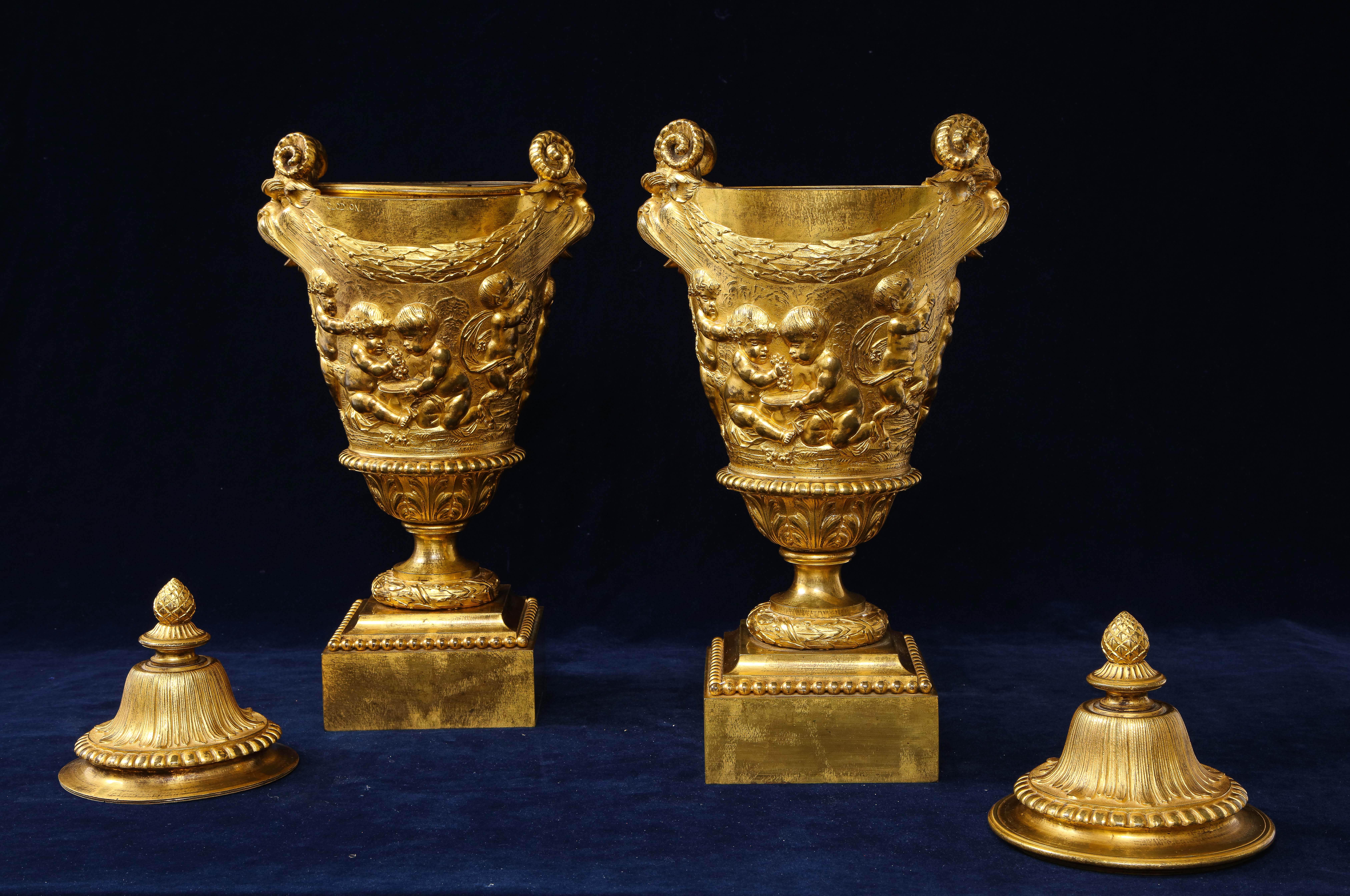 Pair of Early 19th C. French Ormolu Covered Vases, Signed Clodion For Sale 2